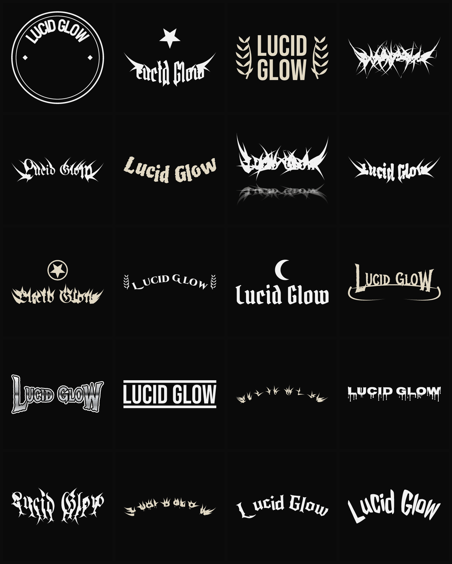 Twenty Lucid Glow band logo ideas — different faces, treatments and spike settings