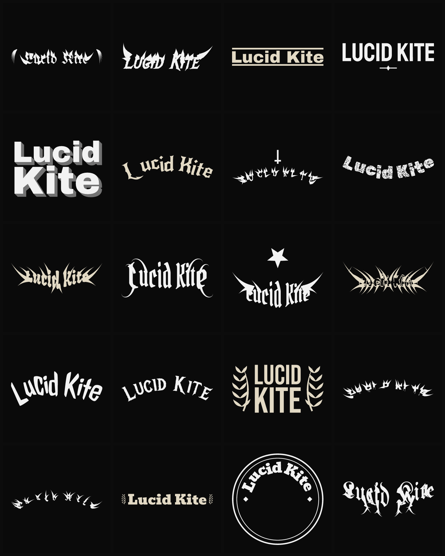Twenty Lucid Kite band logo ideas — different faces, treatments and spike settings