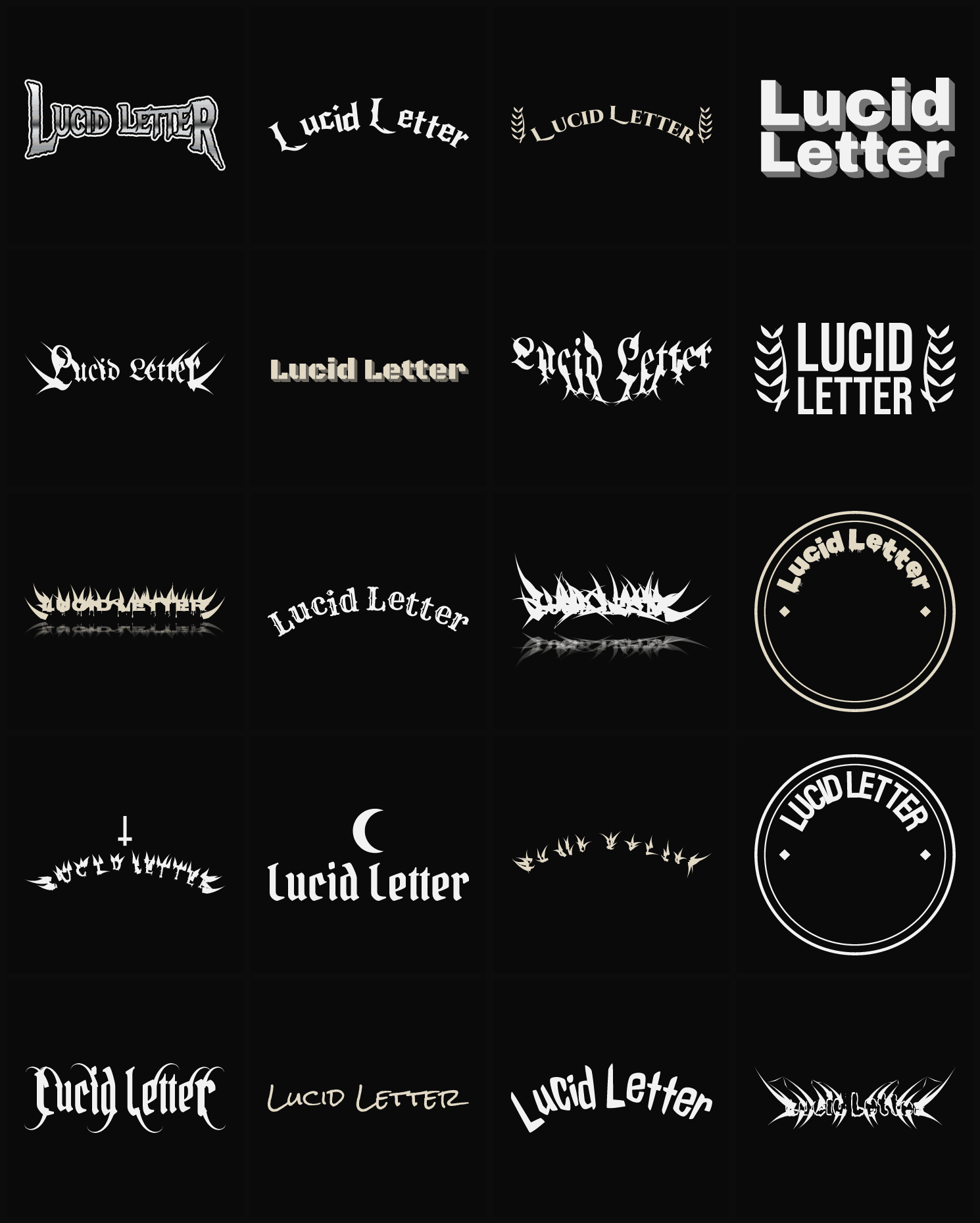 Twenty Lucid Letter band logo ideas — different faces, treatments and spike settings
