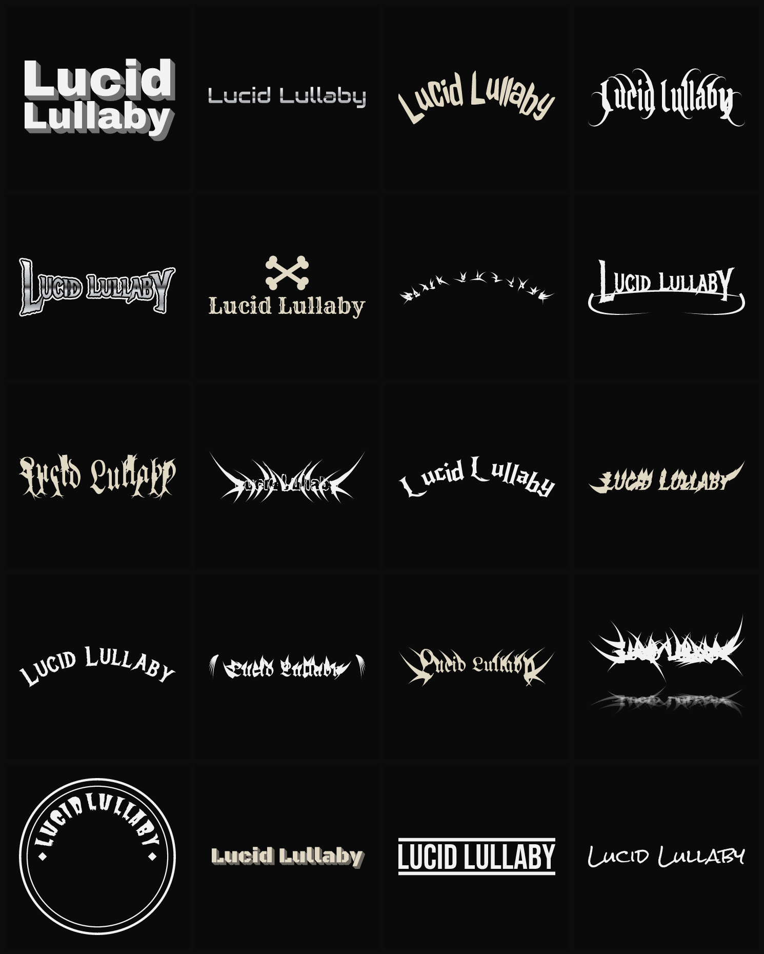 Twenty Lucid Lullaby band logo ideas — different faces, treatments and spike settings