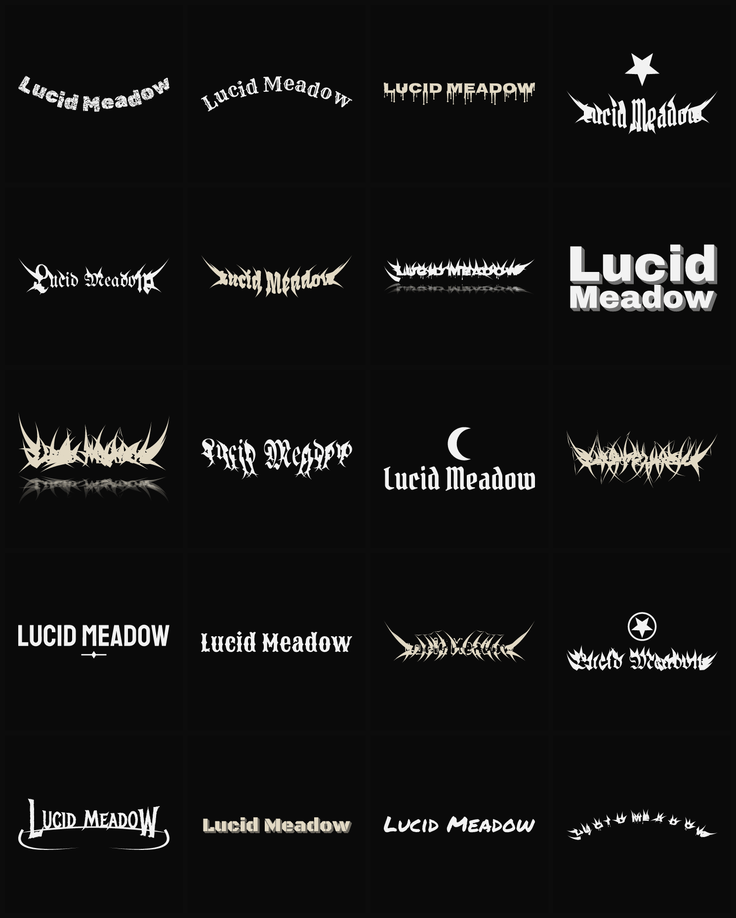 Twenty Lucid Meadow band logo ideas — different faces, treatments and spike settings