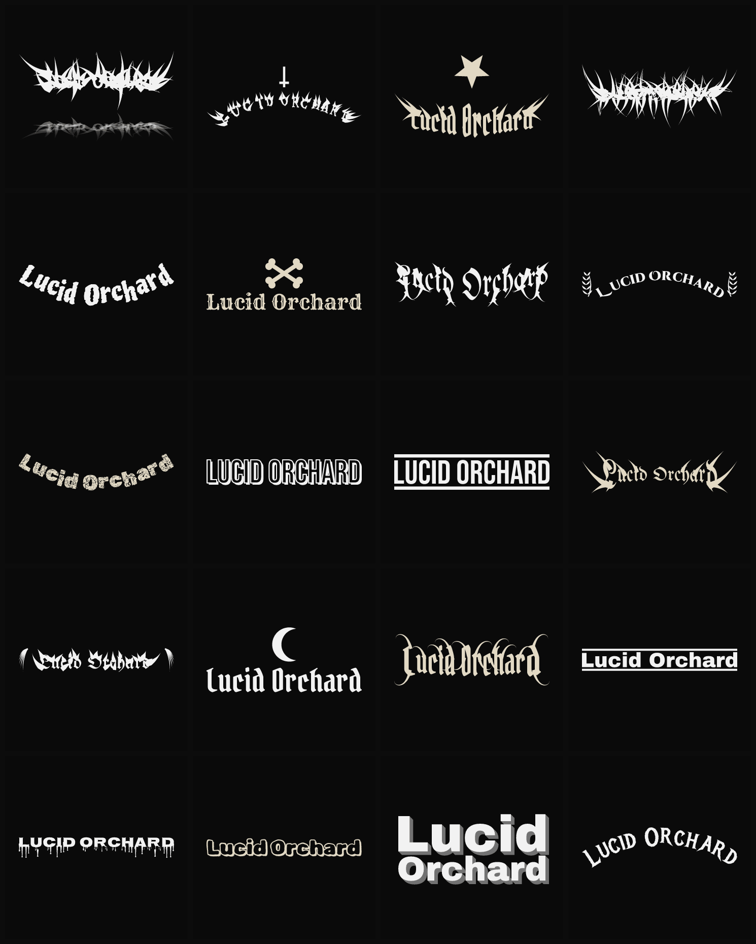 Twenty Lucid Orchard band logo ideas — different faces, treatments and spike settings