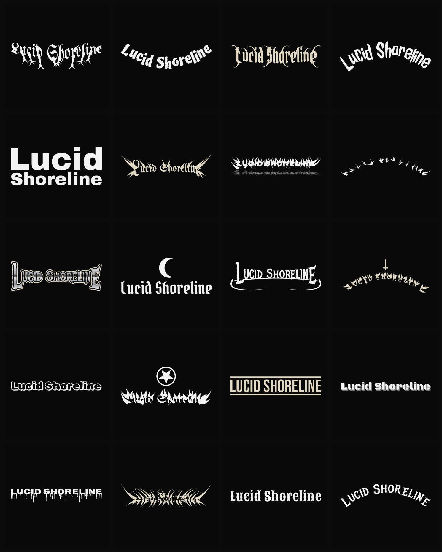 Twenty Lucid Shoreline band logo ideas — different faces, treatments and spike settings