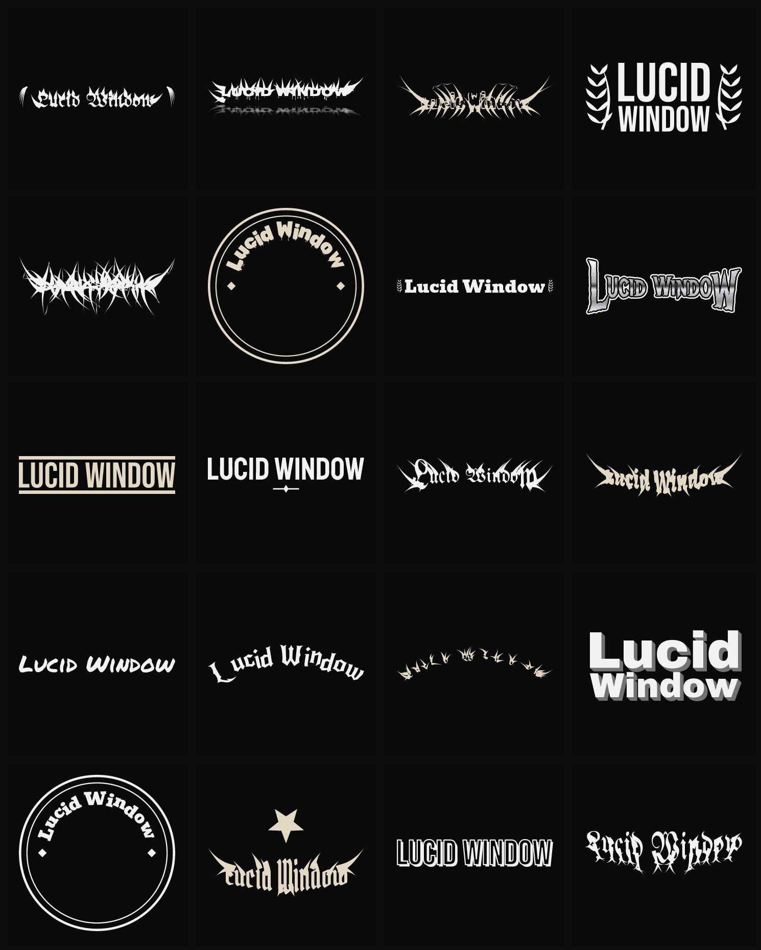 Twenty Lucid Window band logo ideas — different faces, treatments and spike settings