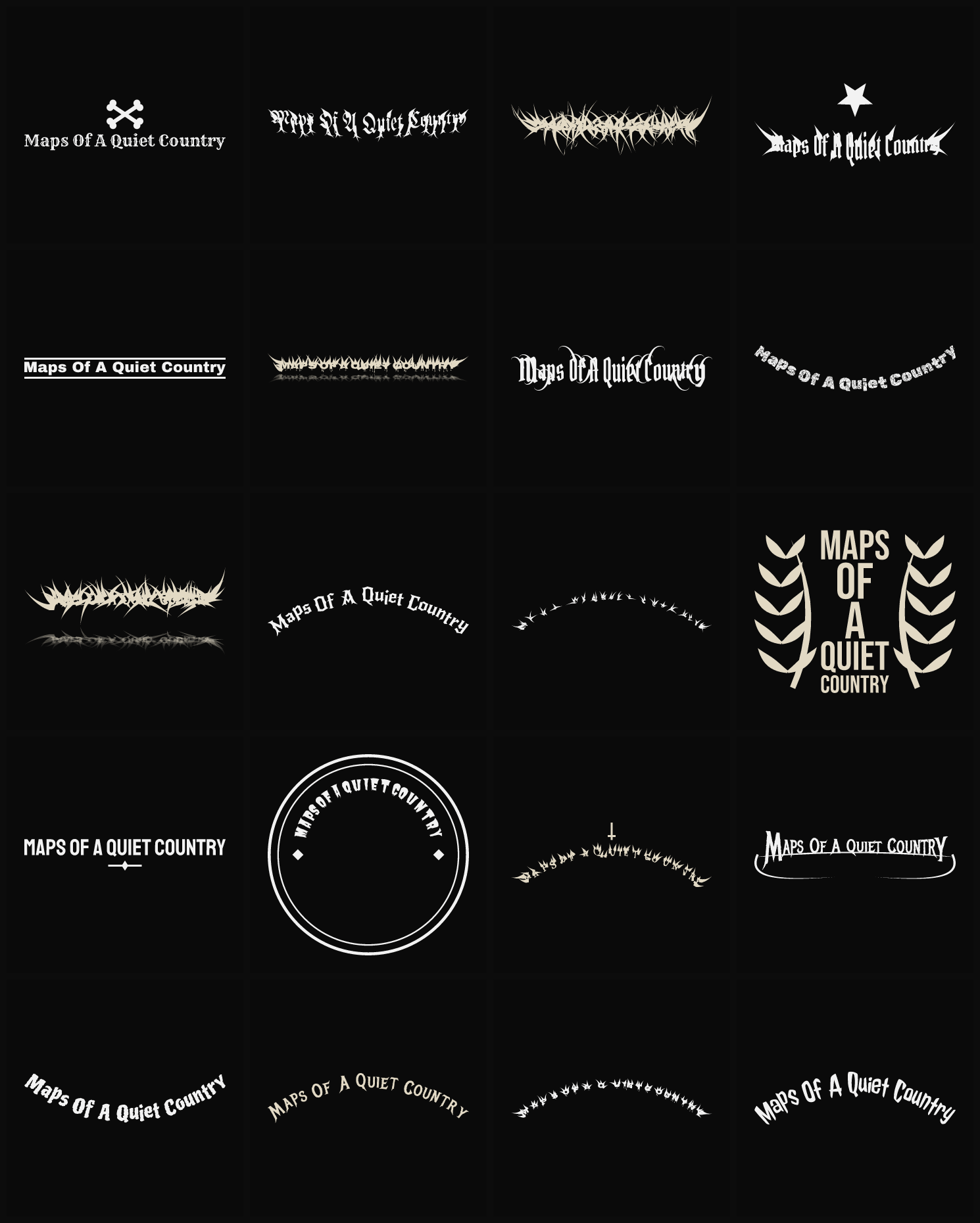 Twenty Maps Of A Quiet Country band logo ideas — different faces, treatments and spike settings