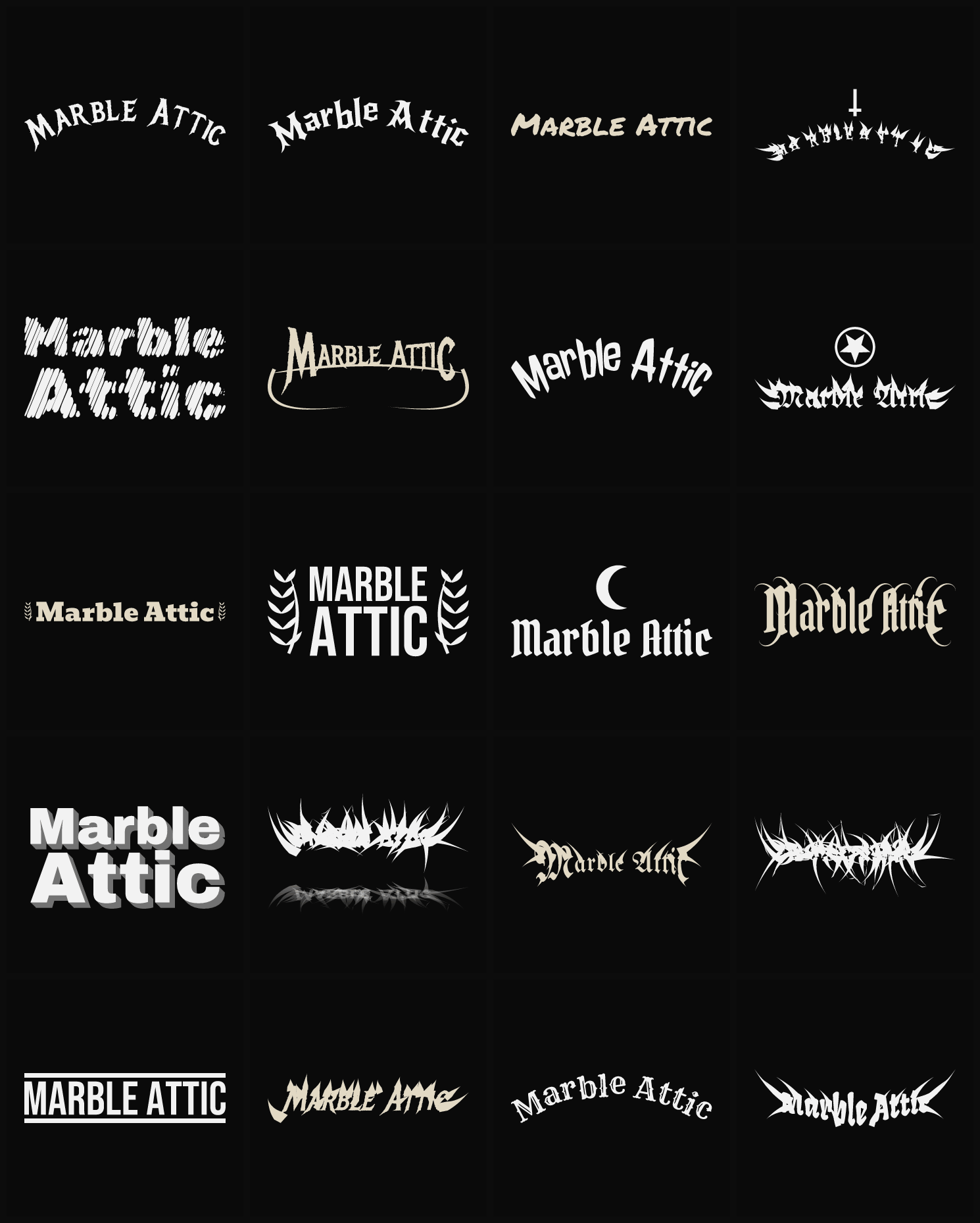Twenty Marble Attic band logo ideas — different faces, treatments and spike settings