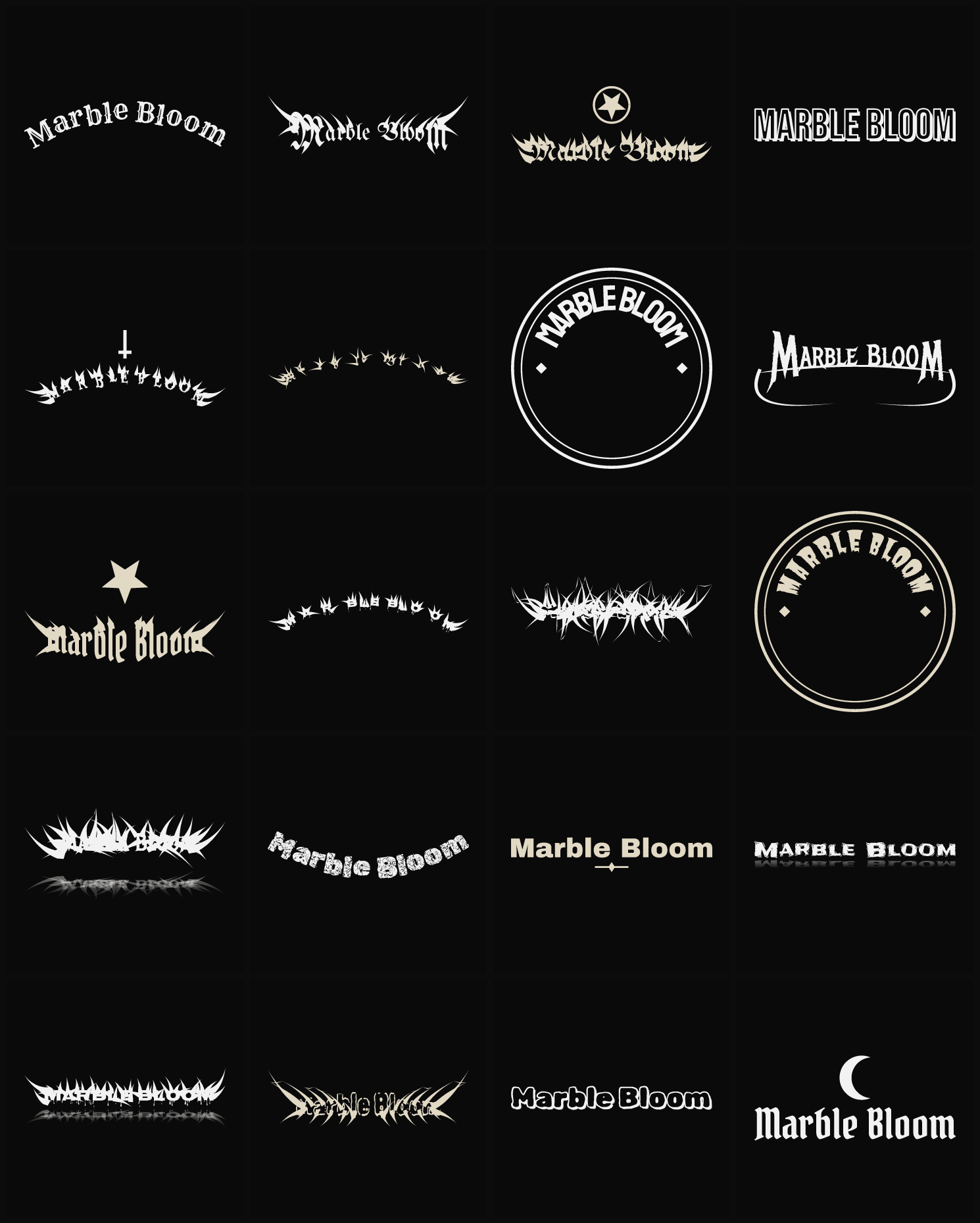 Twenty Marble Bloom band logo ideas — different faces, treatments and spike settings
