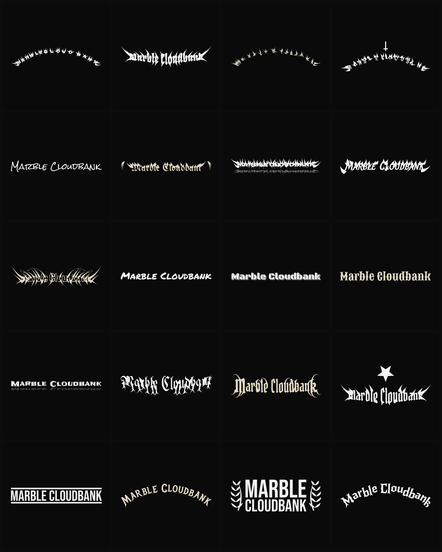 Twenty Marble Cloudbank band logo ideas — different faces, treatments and spike settings