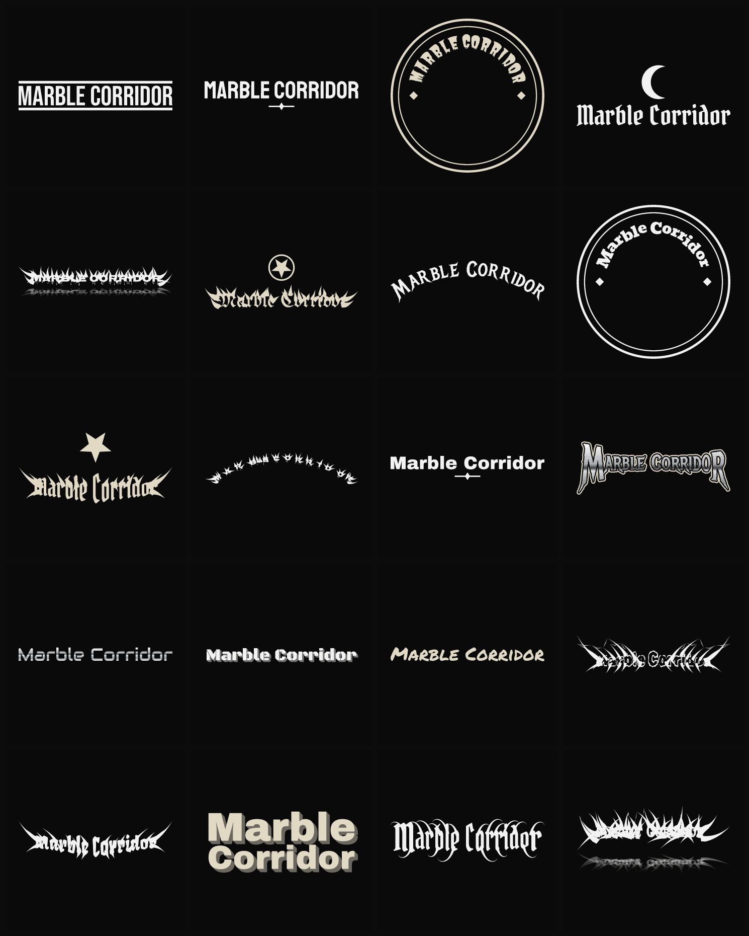 Twenty Marble Corridor band logo ideas — different faces, treatments and spike settings