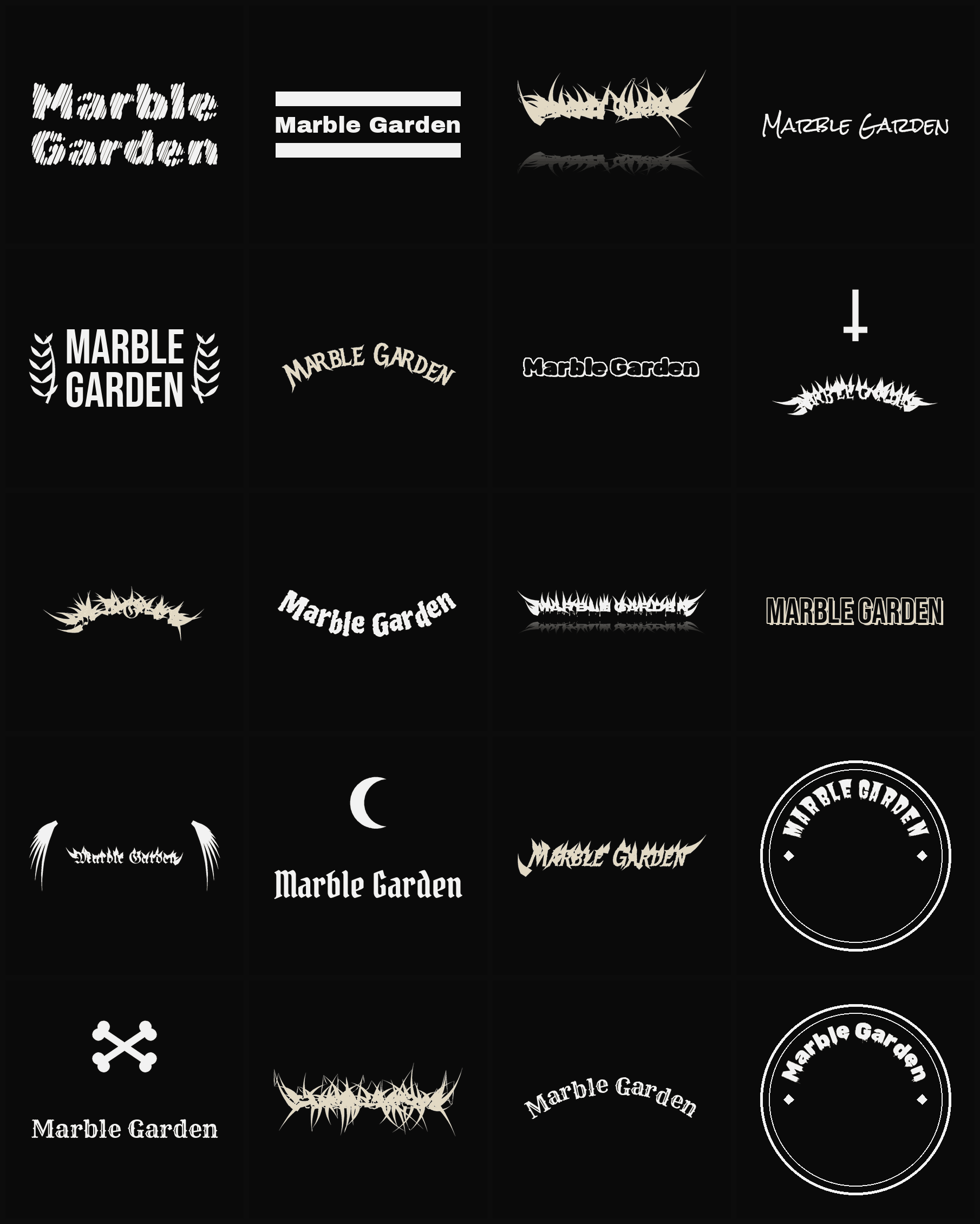 Twenty Marble Garden band logo ideas — different faces, treatments and spike settings