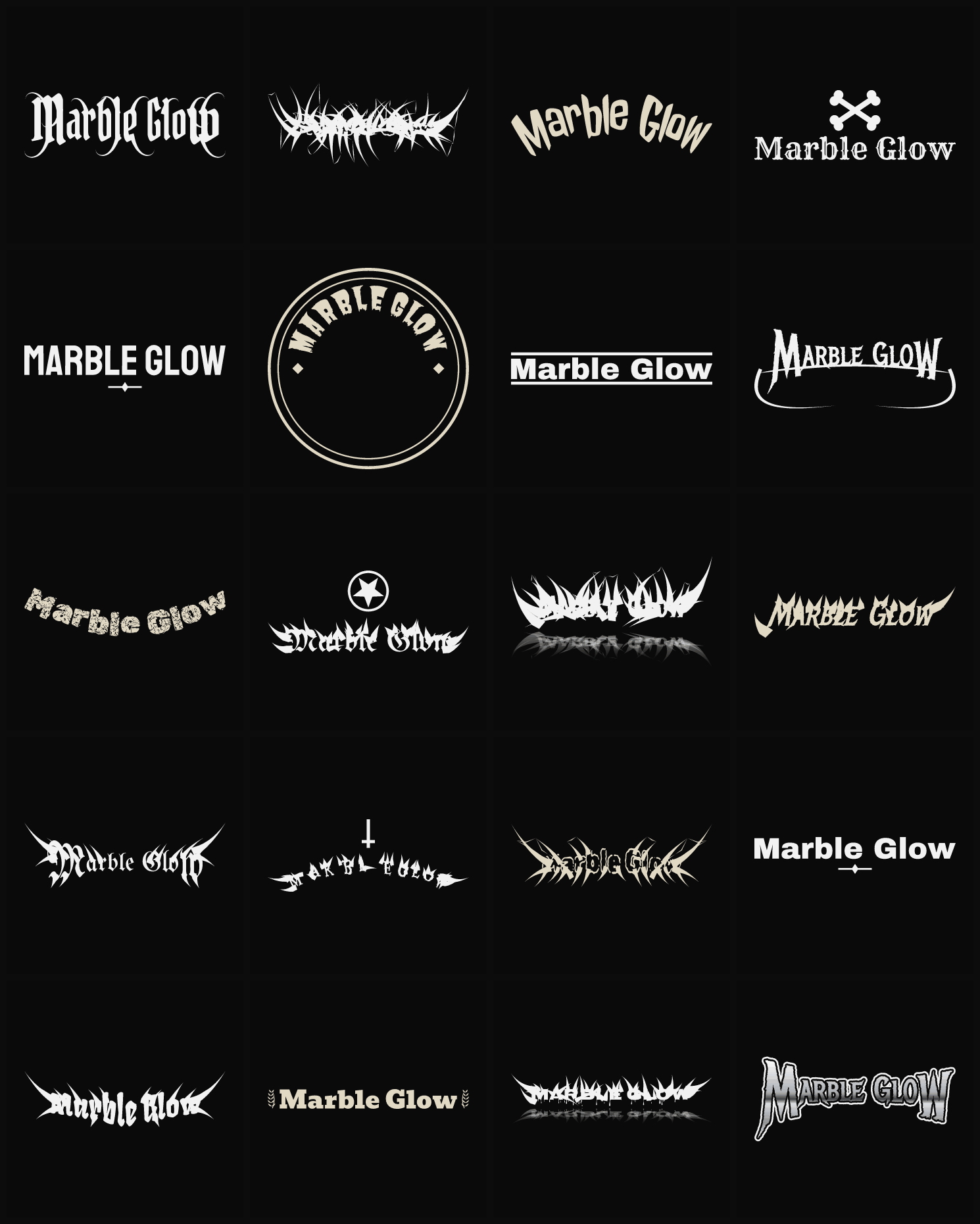 Twenty Marble Glow band logo ideas — different faces, treatments and spike settings