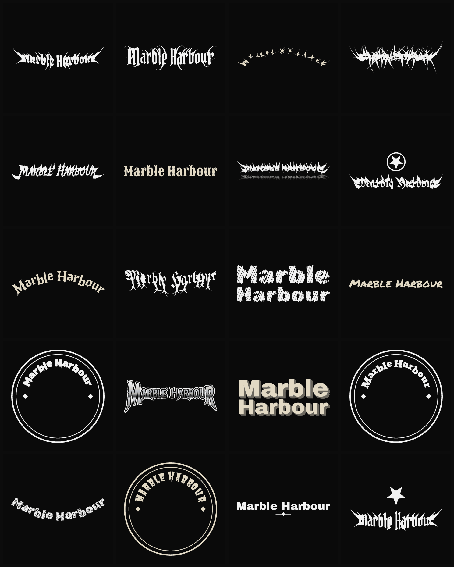 Twenty Marble Harbour band logo ideas — different faces, treatments and spike settings