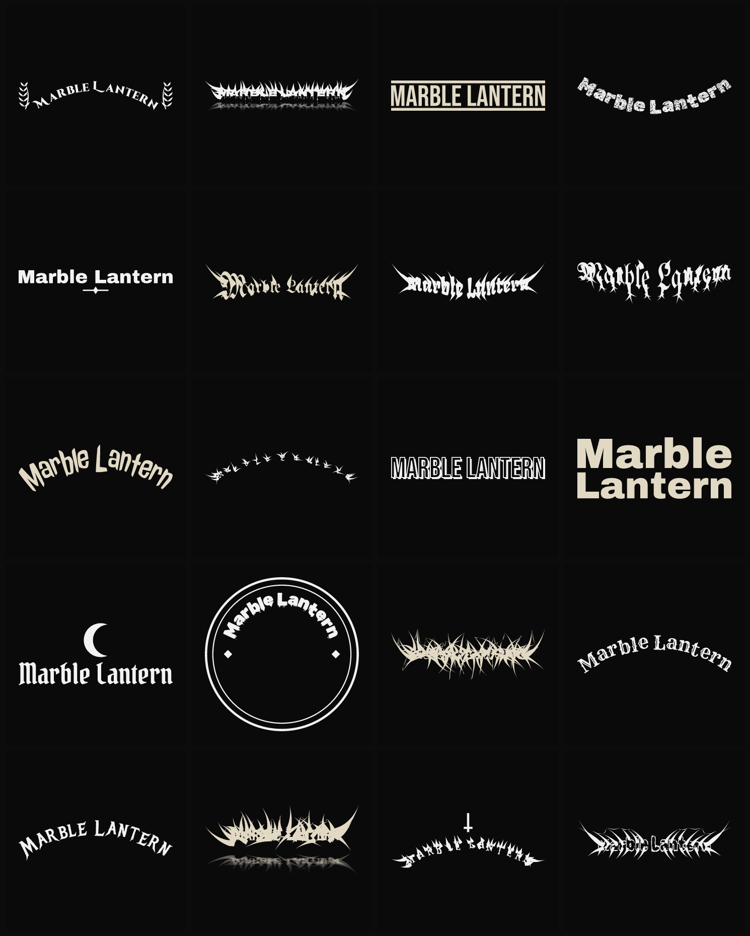 Twenty Marble Lantern band logo ideas — different faces, treatments and spike settings