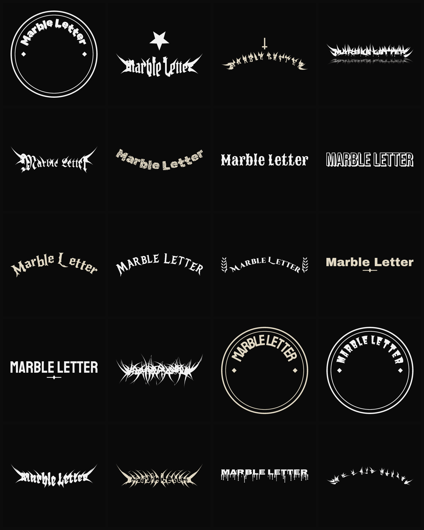 Twenty Marble Letter band logo ideas — different faces, treatments and spike settings