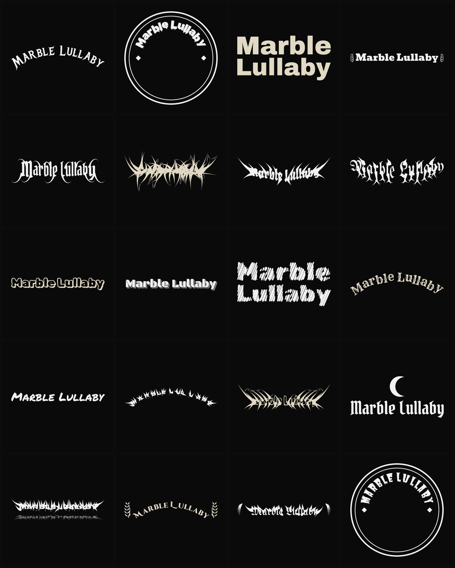 Twenty Marble Lullaby band logo ideas — different faces, treatments and spike settings