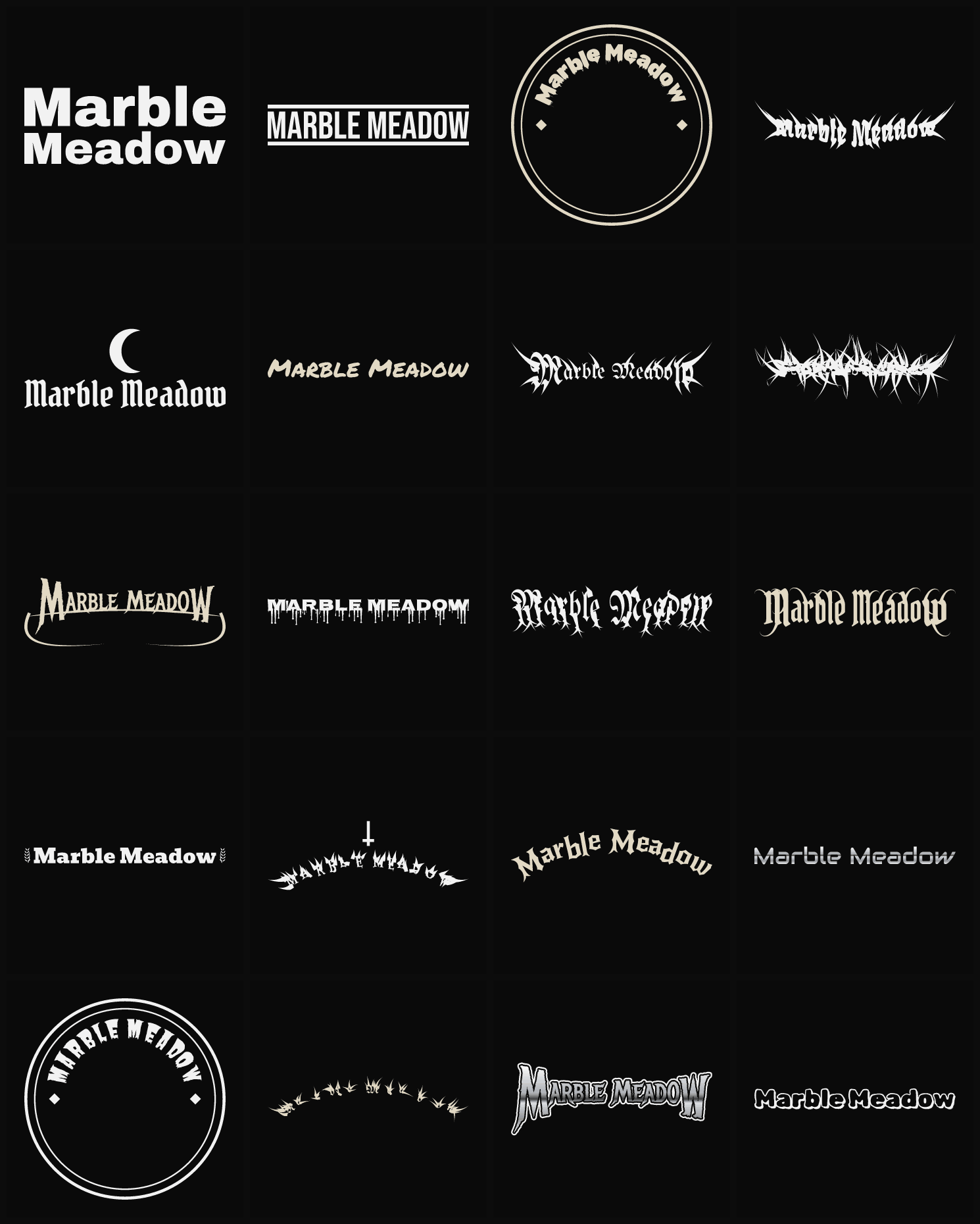 Twenty Marble Meadow band logo ideas — different faces, treatments and spike settings