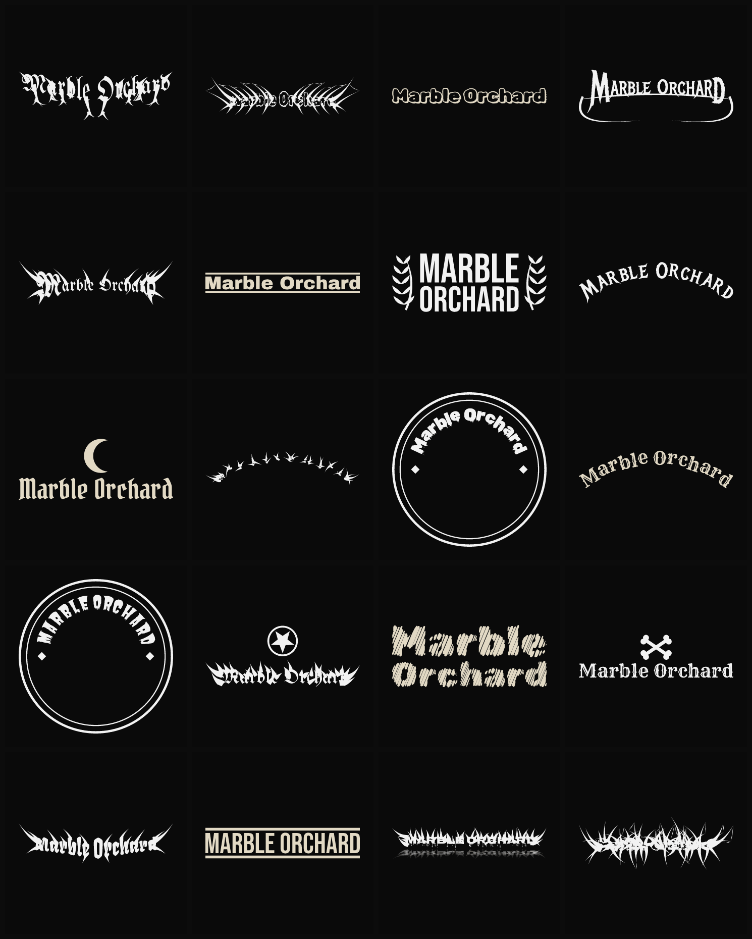 Twenty Marble Orchard band logo ideas — different faces, treatments and spike settings