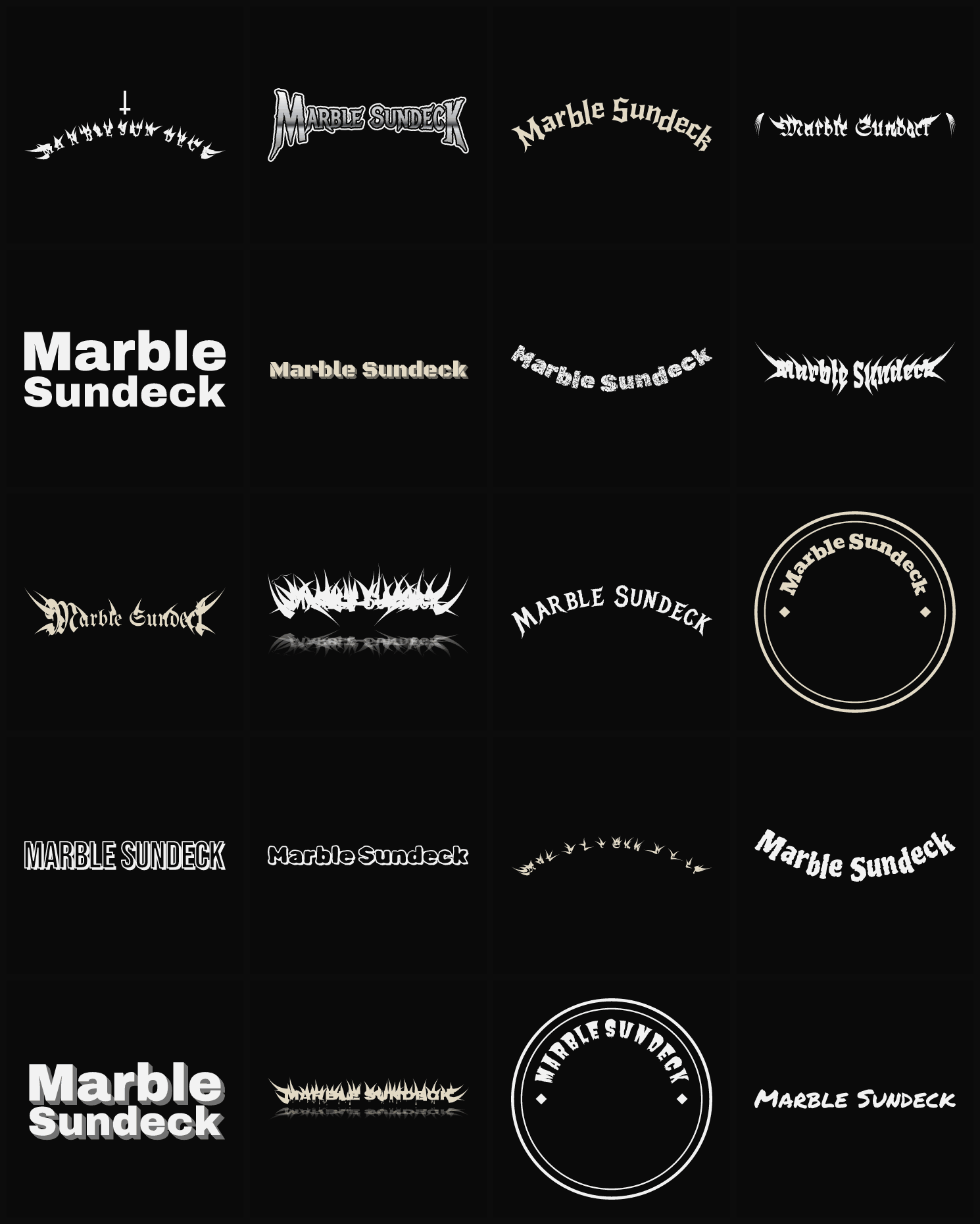 Twenty Marble Sundeck band logo ideas — different faces, treatments and spike settings