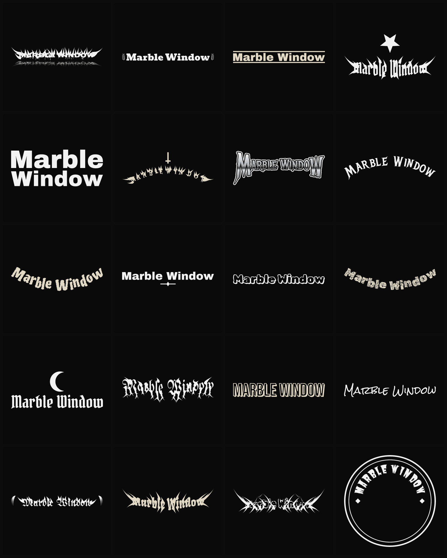 Twenty Marble Window band logo ideas — different faces, treatments and spike settings