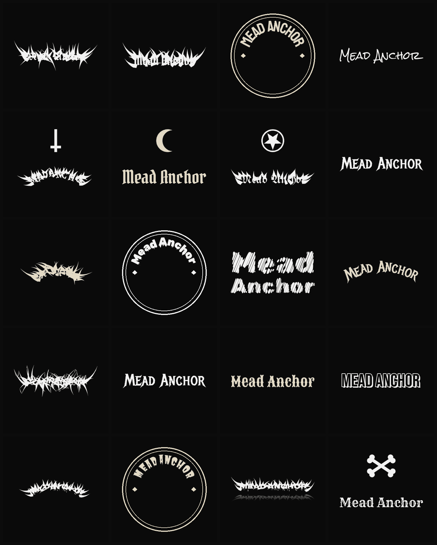 Twenty Mead Anchor band logo ideas — different faces, treatments and spike settings