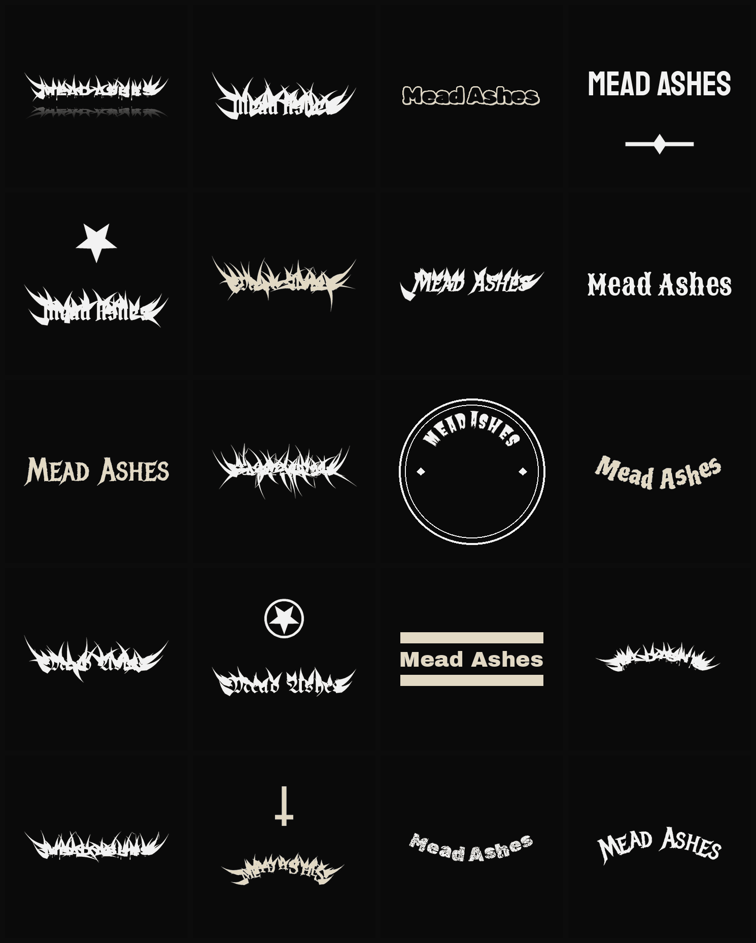 Twenty Mead Ashes band logo ideas — different faces, treatments and spike settings