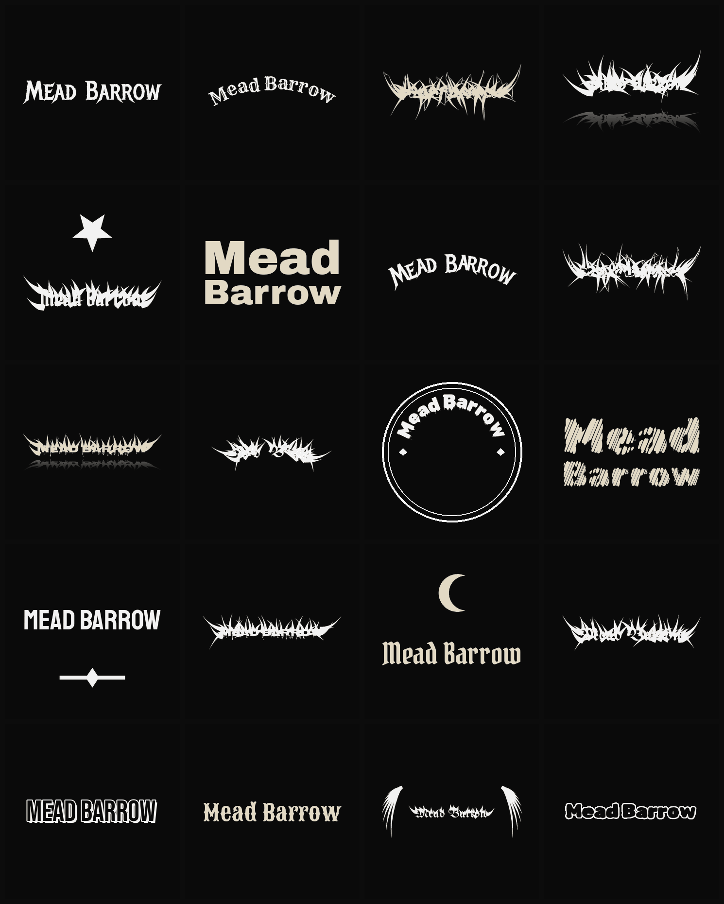 Twenty Mead Barrow band logo ideas — different faces, treatments and spike settings