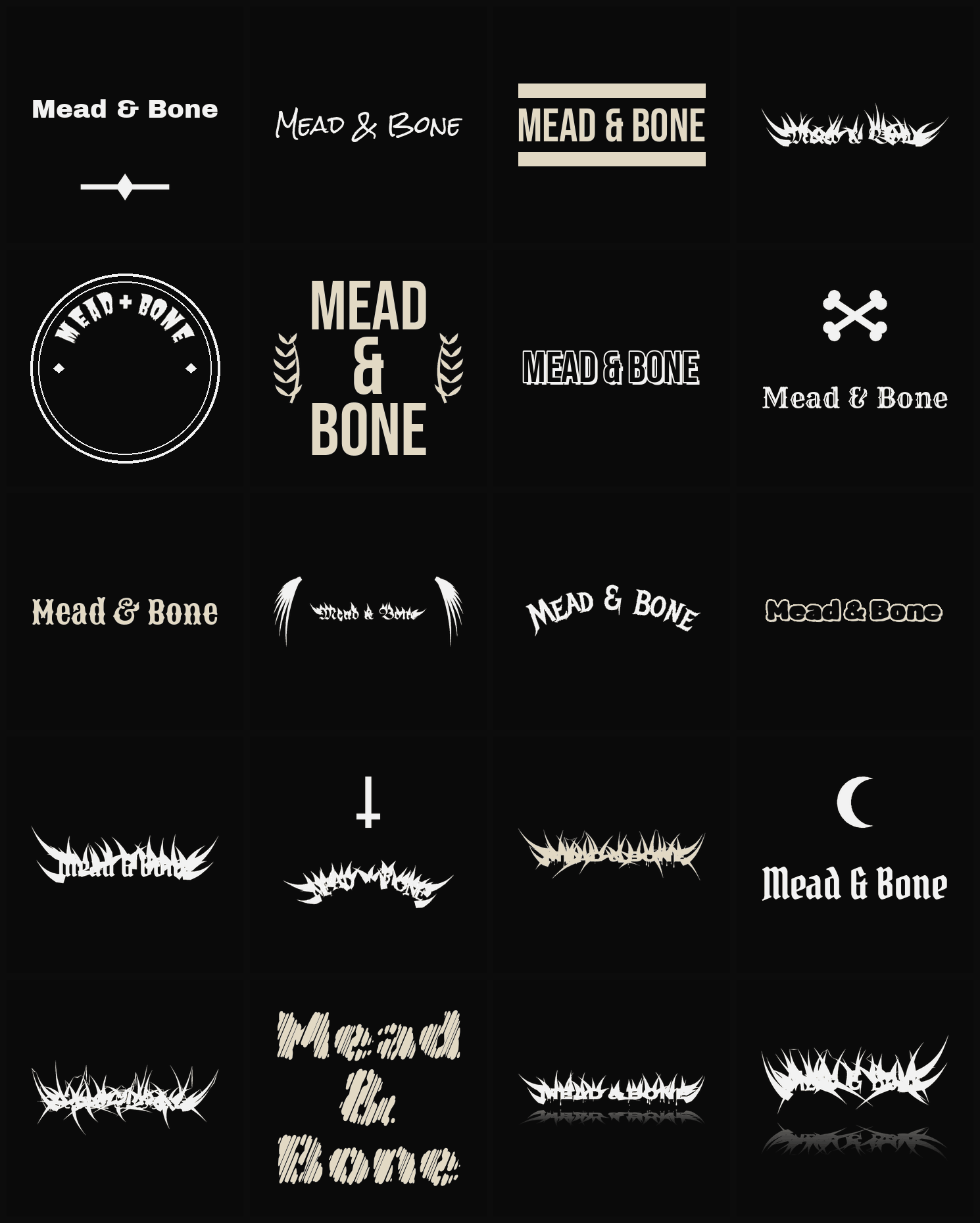 Twenty Mead & Bone band logo ideas — different faces, treatments and spike settings