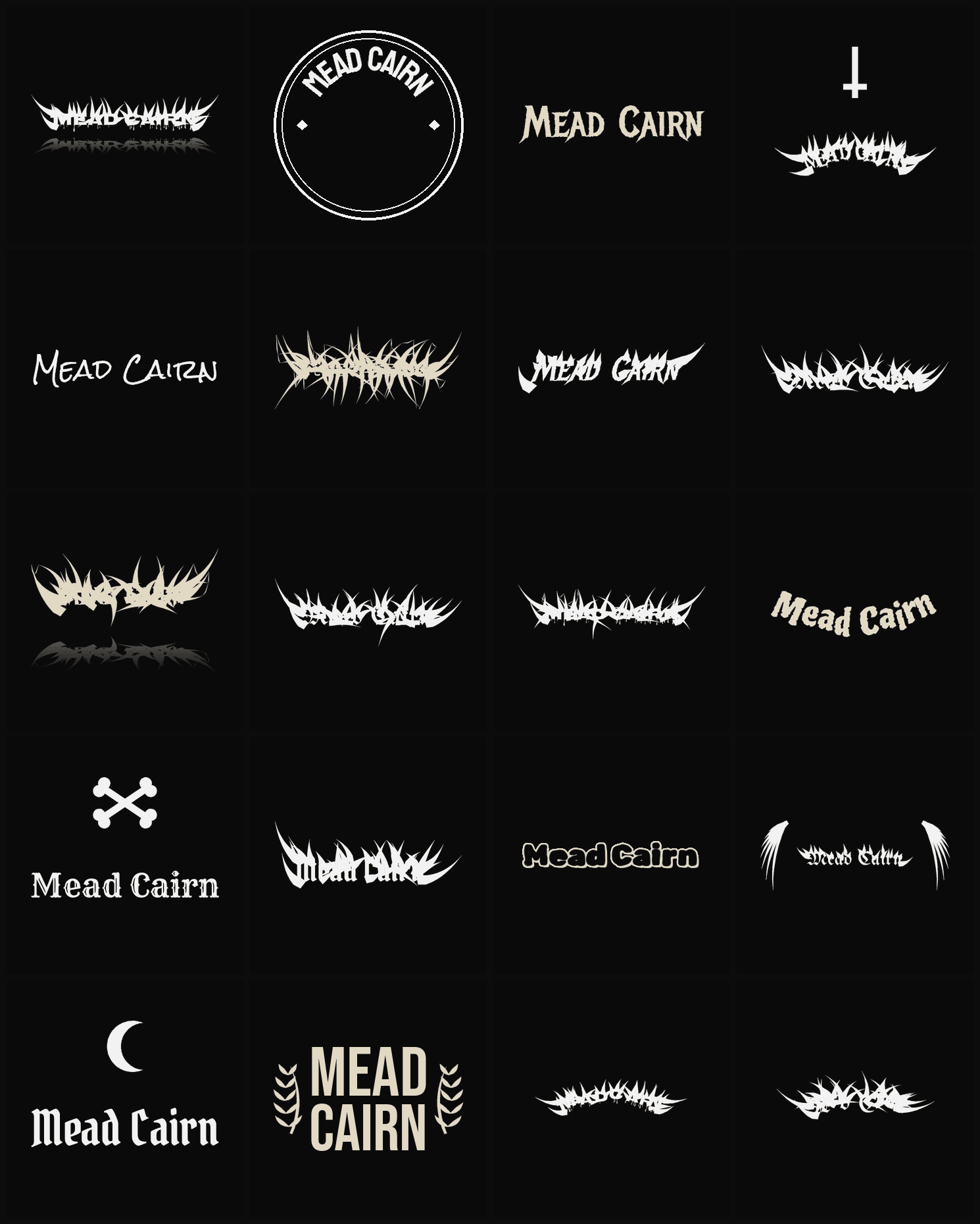 Twenty Mead Cairn band logo ideas — different faces, treatments and spike settings