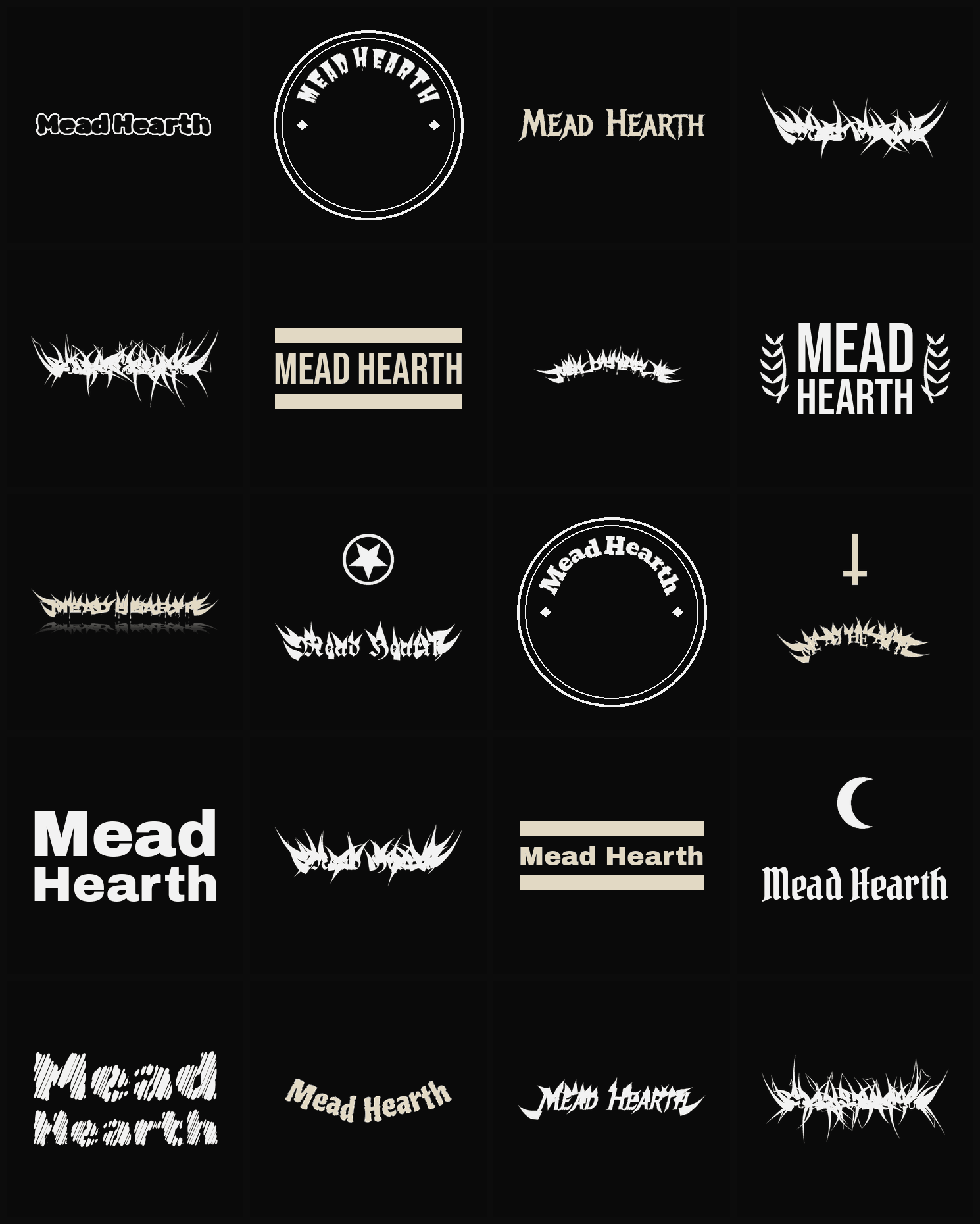 Twenty Mead Hearth band logo ideas — different faces, treatments and spike settings