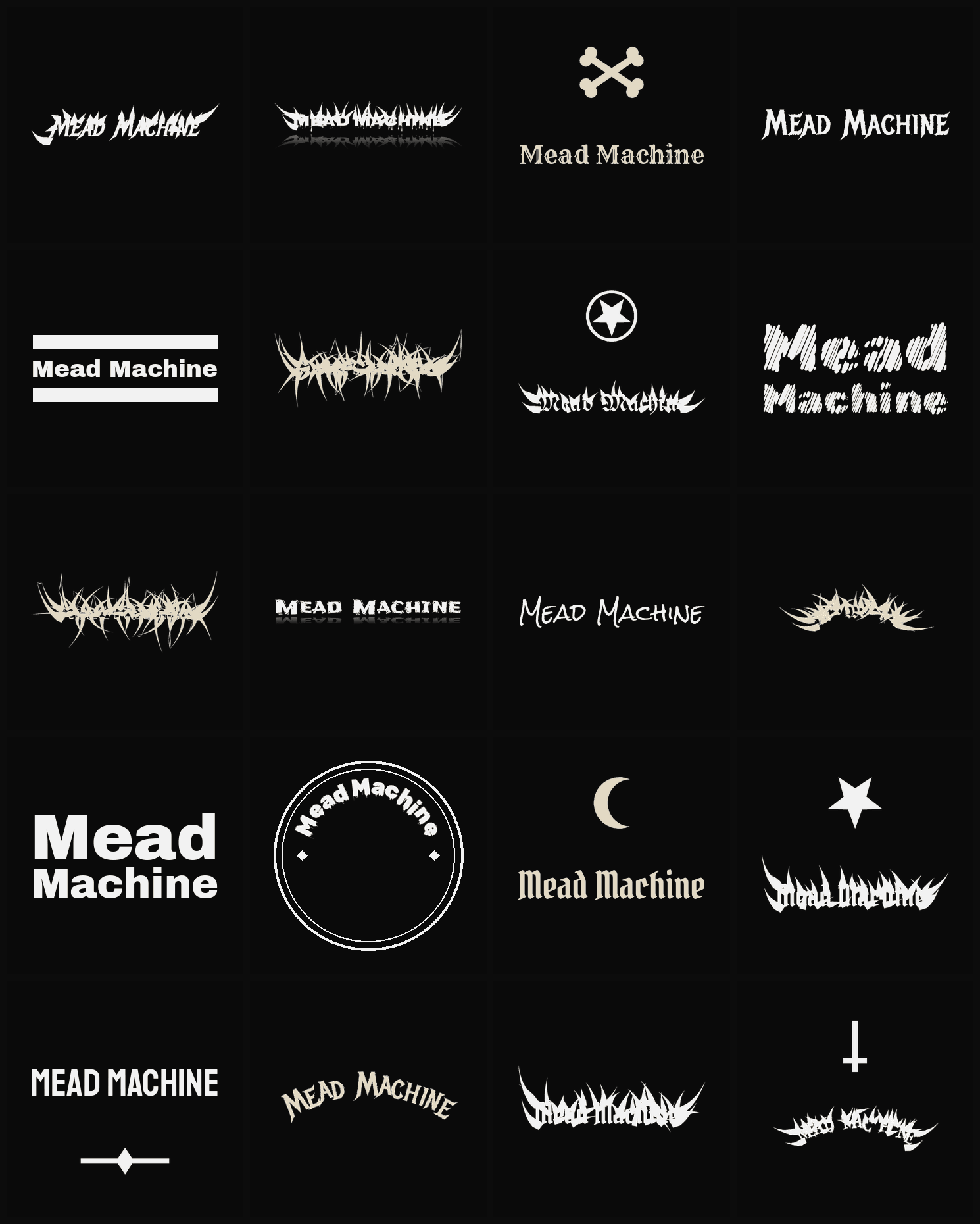 Twenty Mead Machine band logo ideas — different faces, treatments and spike settings