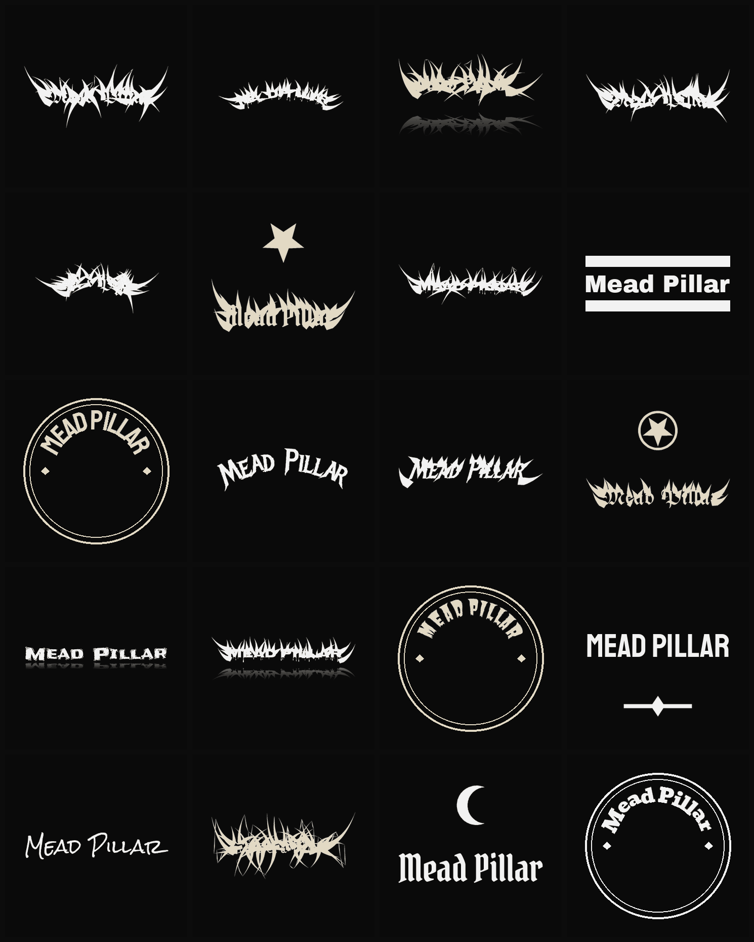 Twenty Mead Pillar band logo ideas — different faces, treatments and spike settings