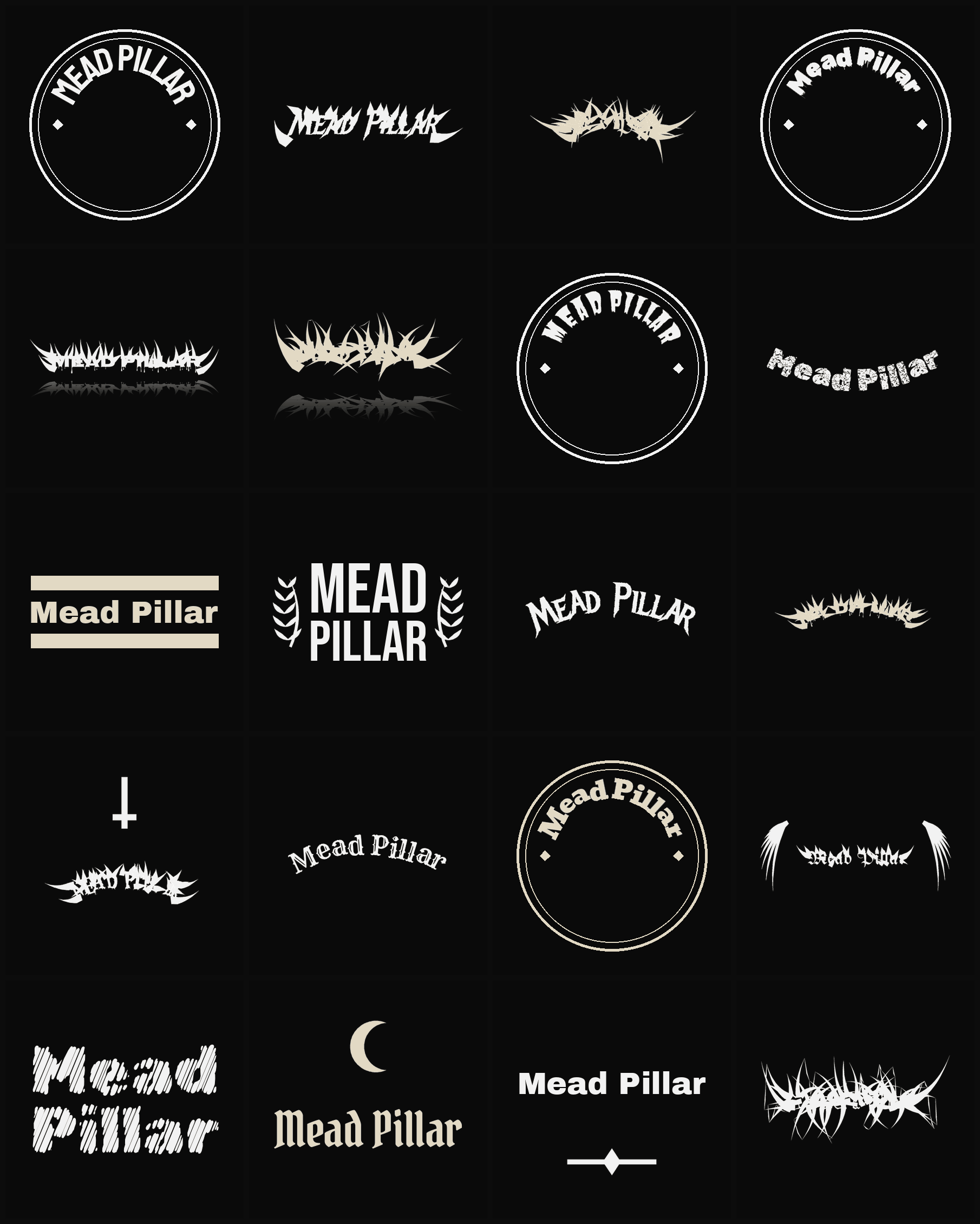 Twenty Mead Pillar band logo ideas — different faces, treatments and spike settings
