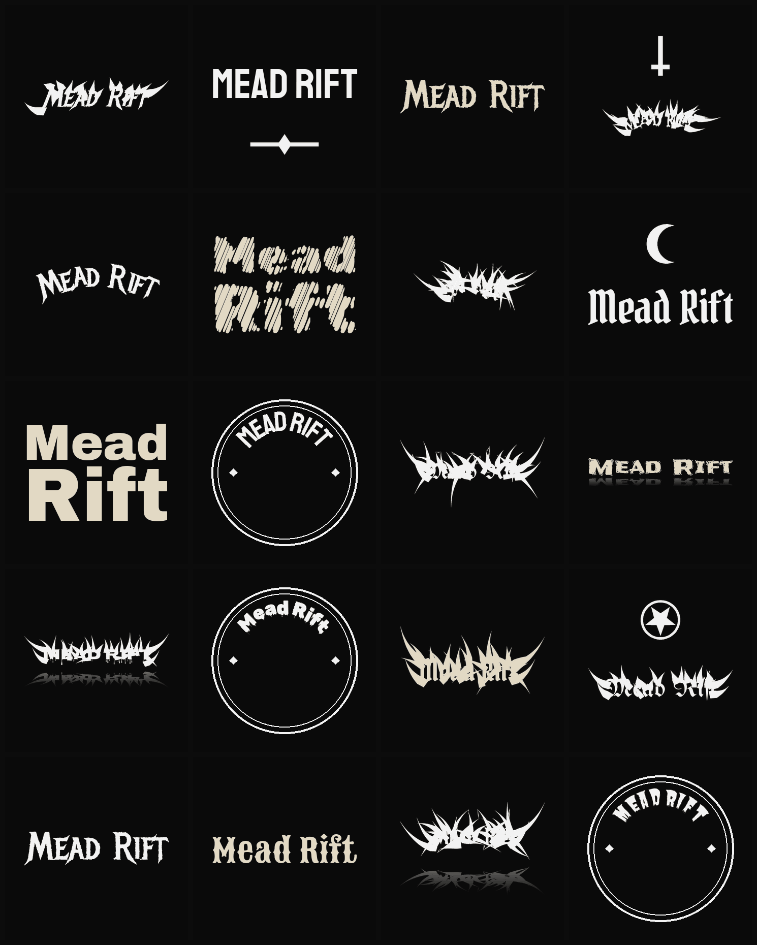 Twenty Mead Rift band logo ideas — different faces, treatments and spike settings