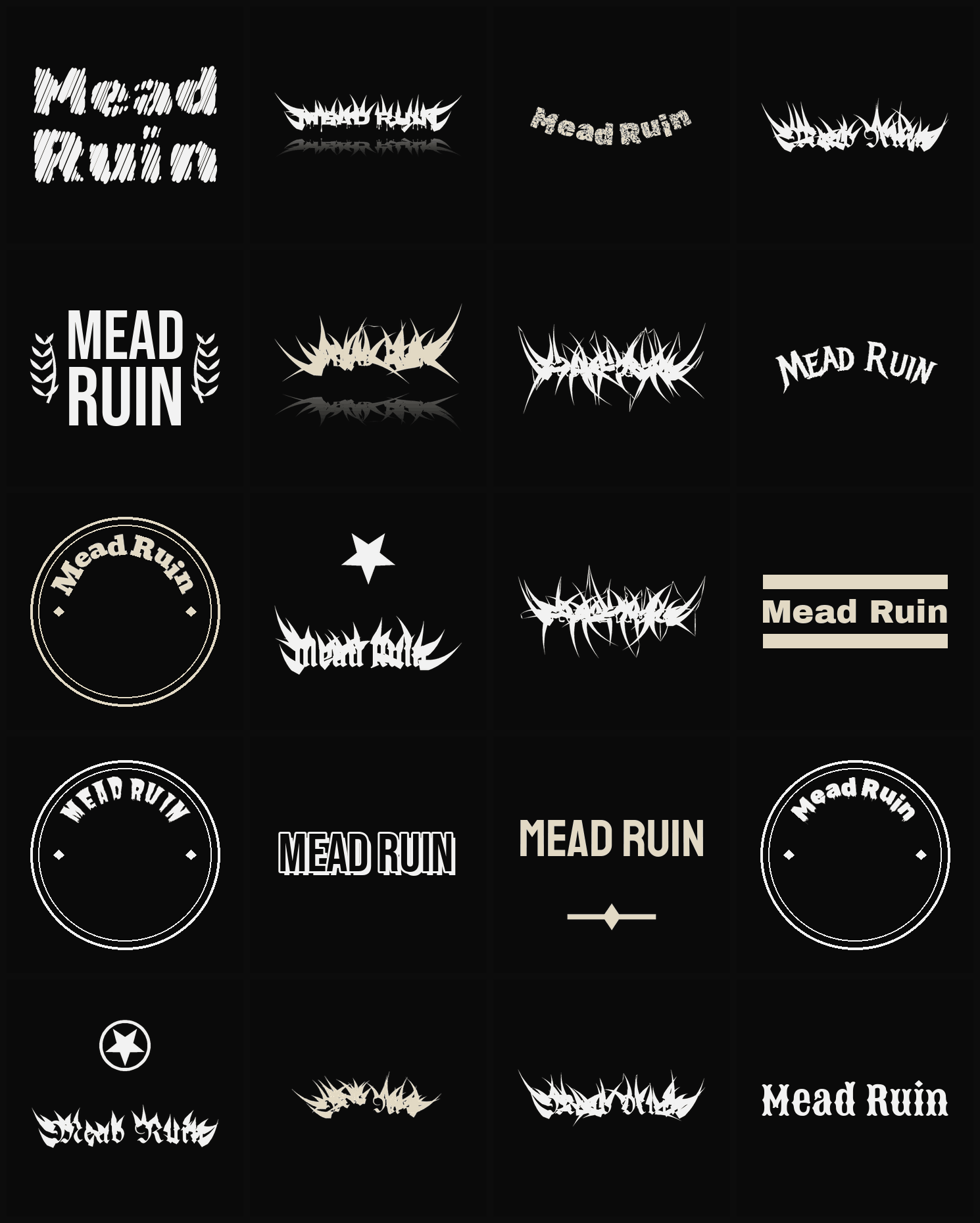 Twenty Mead Ruin band logo ideas — different faces, treatments and spike settings