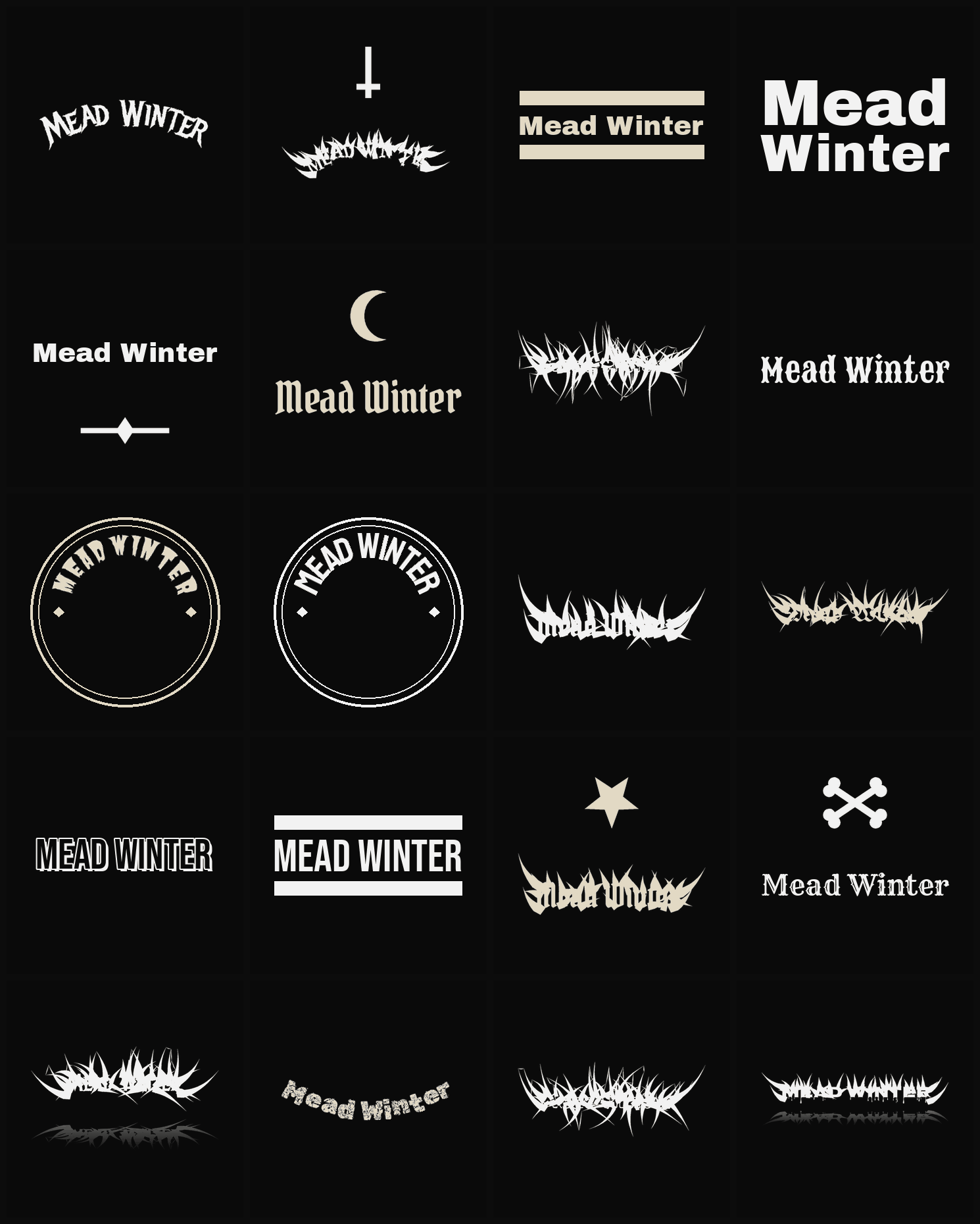 Twenty Mead Winter band logo ideas — different faces, treatments and spike settings