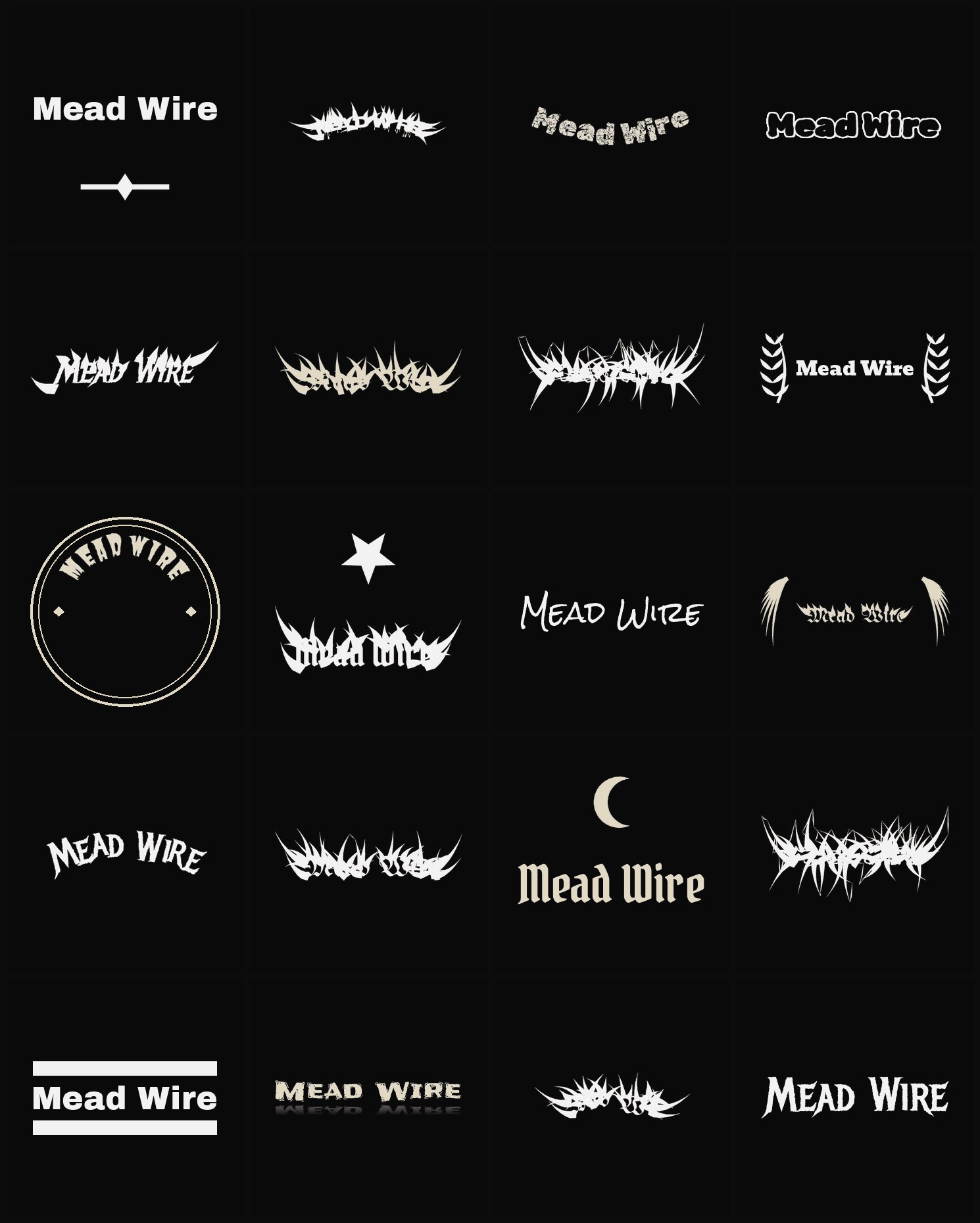 Twenty Mead Wire band logo ideas — different faces, treatments and spike settings