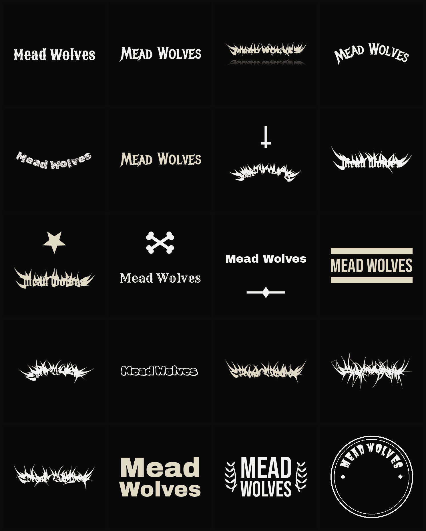 Twenty Mead Wolves band logo ideas — different faces, treatments and spike settings