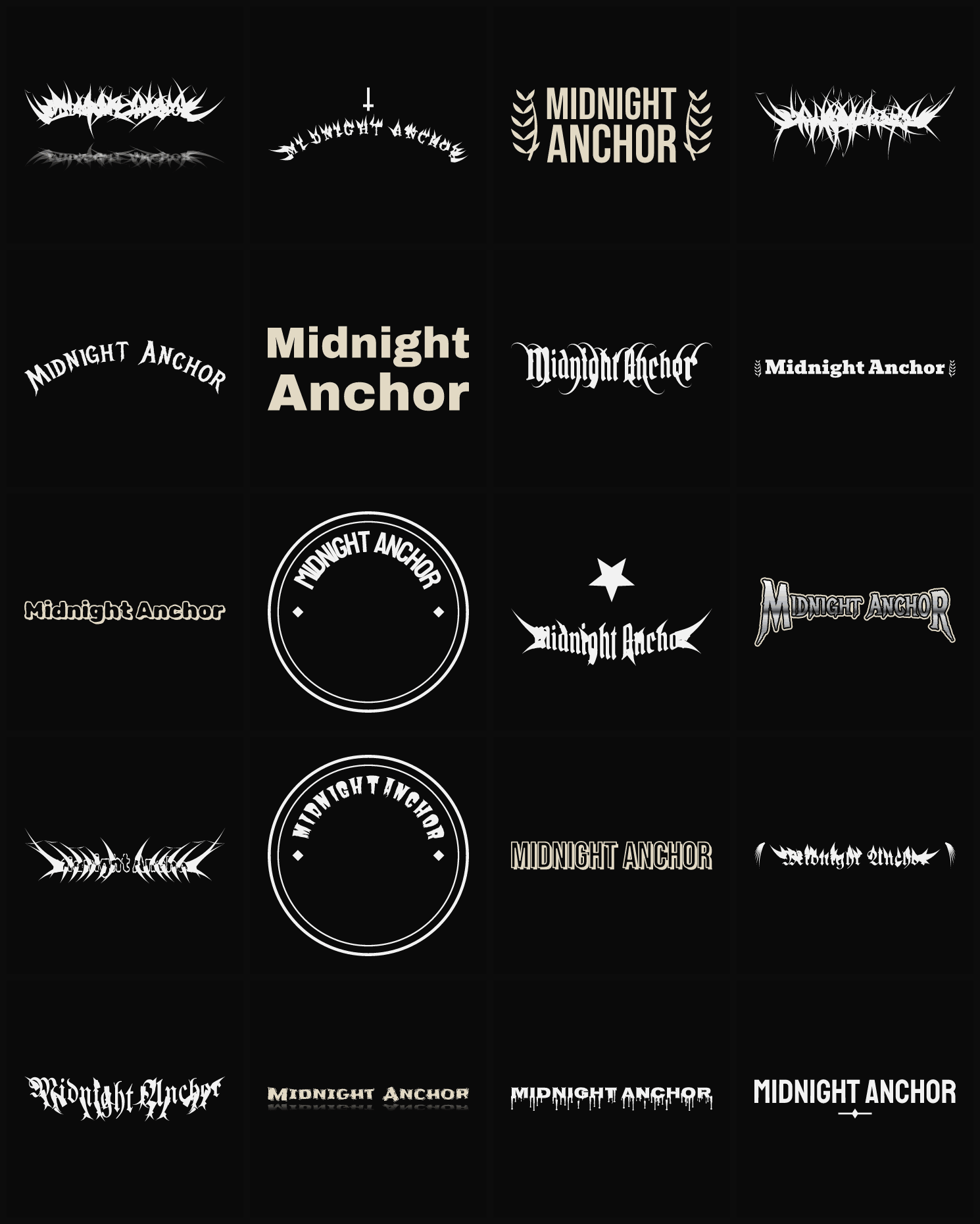 Twenty Midnight Anchor band logo ideas — different faces, treatments and spike settings