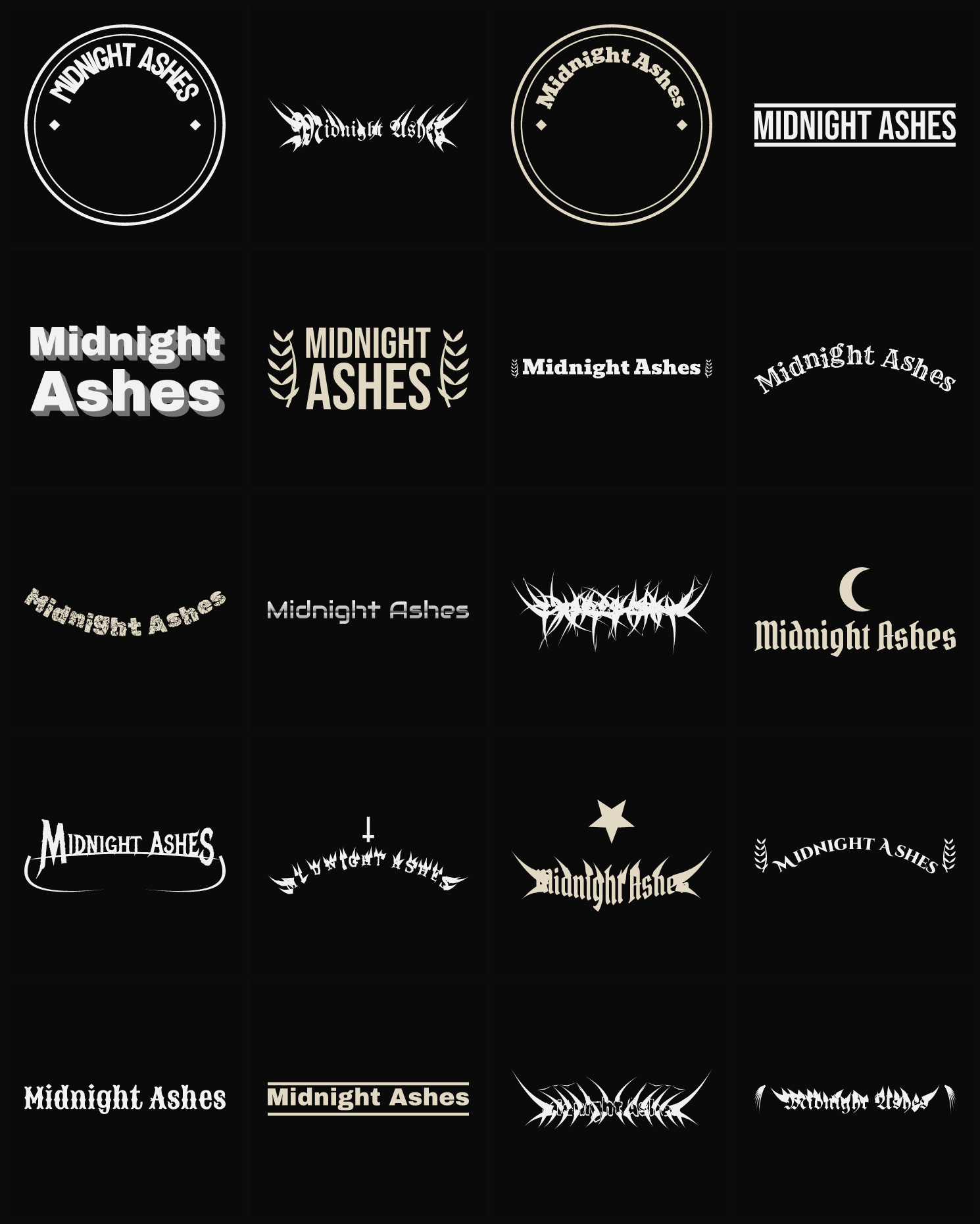 Twenty Midnight Ashes band logo ideas — different faces, treatments and spike settings