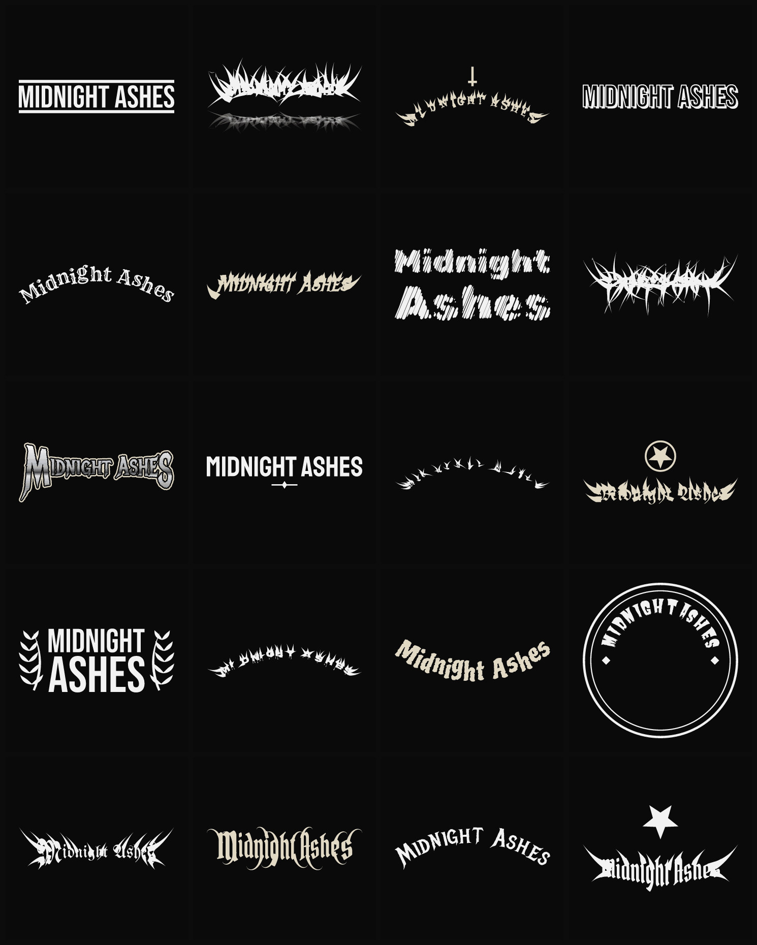 Twenty Midnight Ashes band logo ideas — different faces, treatments and spike settings