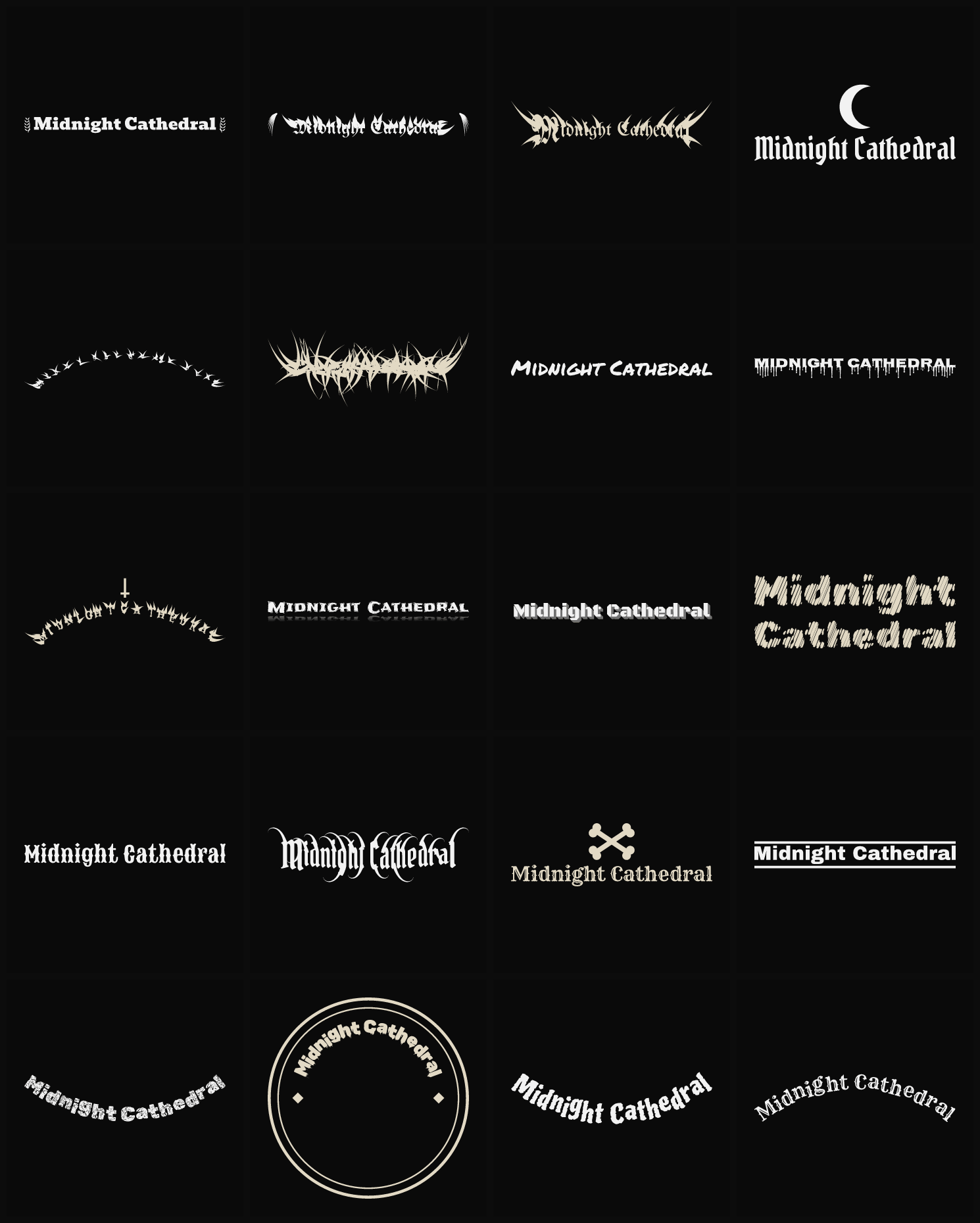 Twenty Midnight Cathedral band logo ideas — different faces, treatments and spike settings