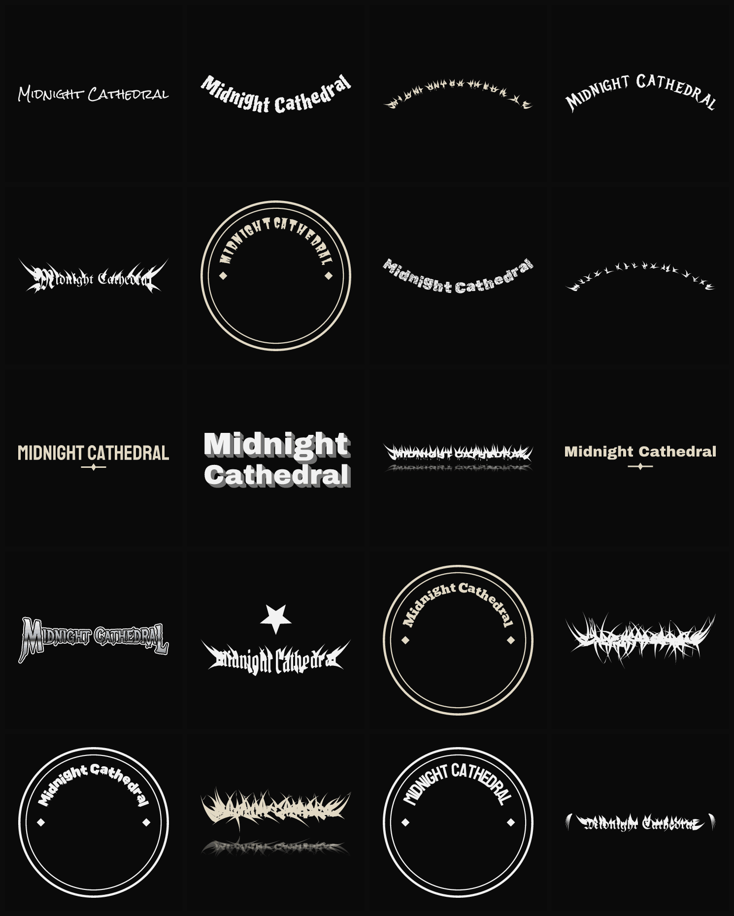 Twenty Midnight Cathedral band logo ideas — different faces, treatments and spike settings