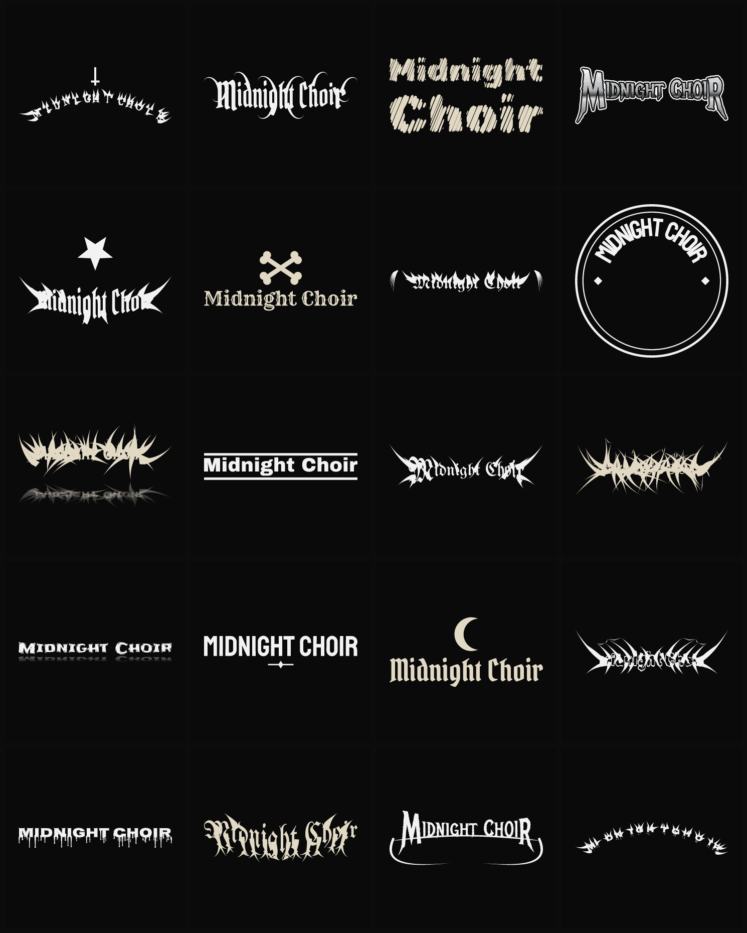 Twenty Midnight Choir band logo ideas — different faces, treatments and spike settings