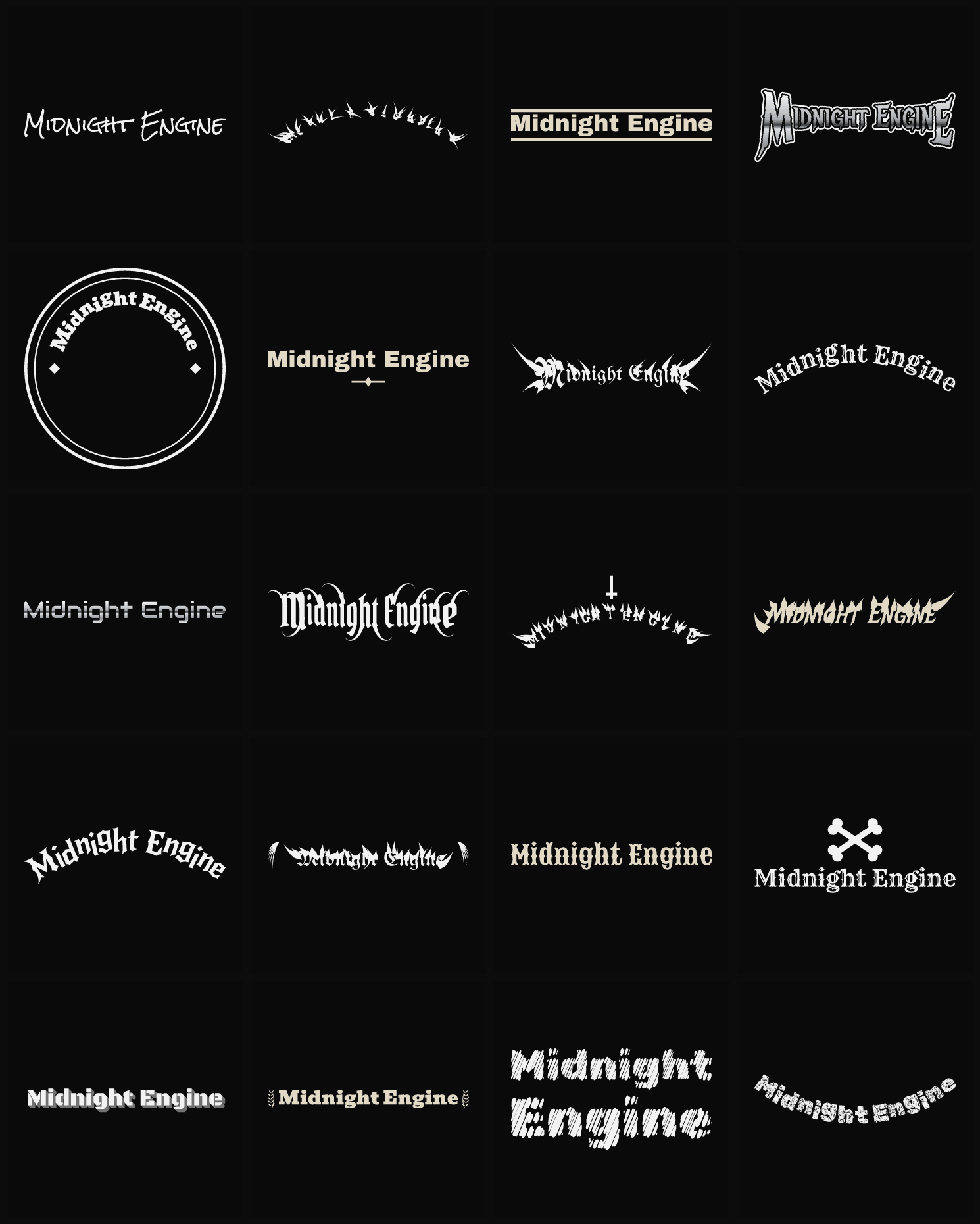 Twenty Midnight Engine band logo ideas — different faces, treatments and spike settings