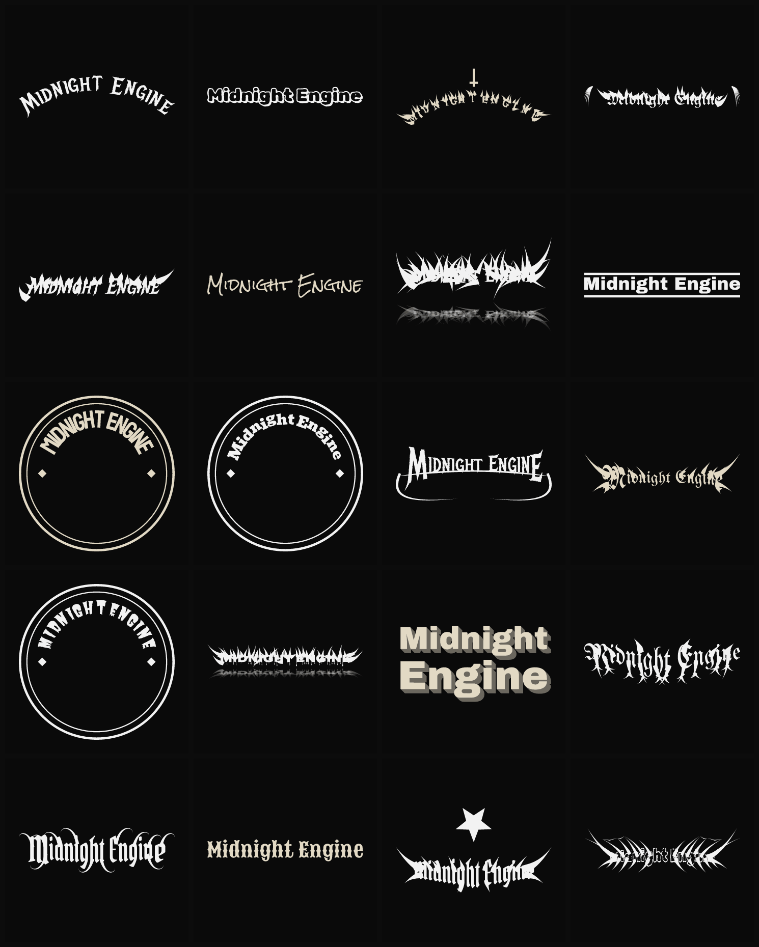 Twenty Midnight Engine band logo ideas — different faces, treatments and spike settings