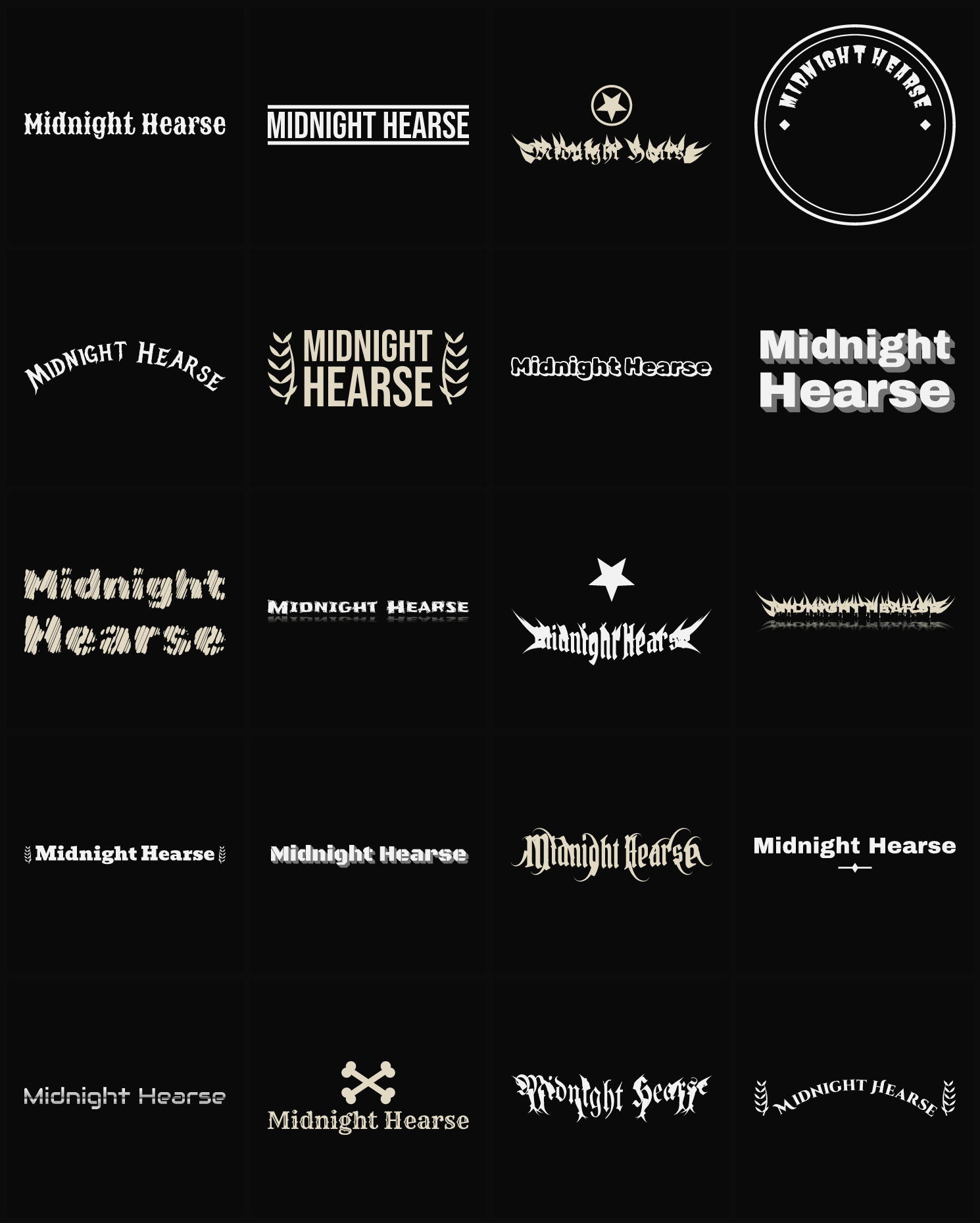 Twenty Midnight Hearse band logo ideas — different faces, treatments and spike settings