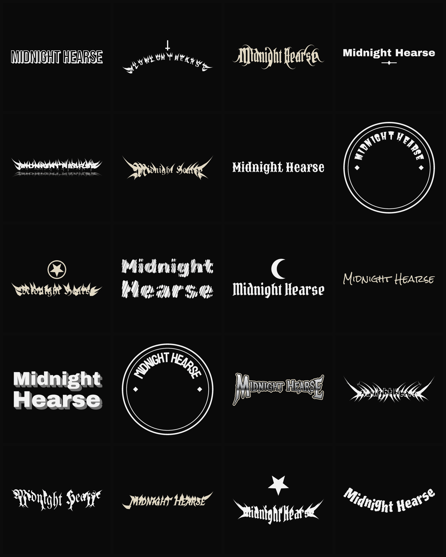 Twenty Midnight Hearse band logo ideas — different faces, treatments and spike settings