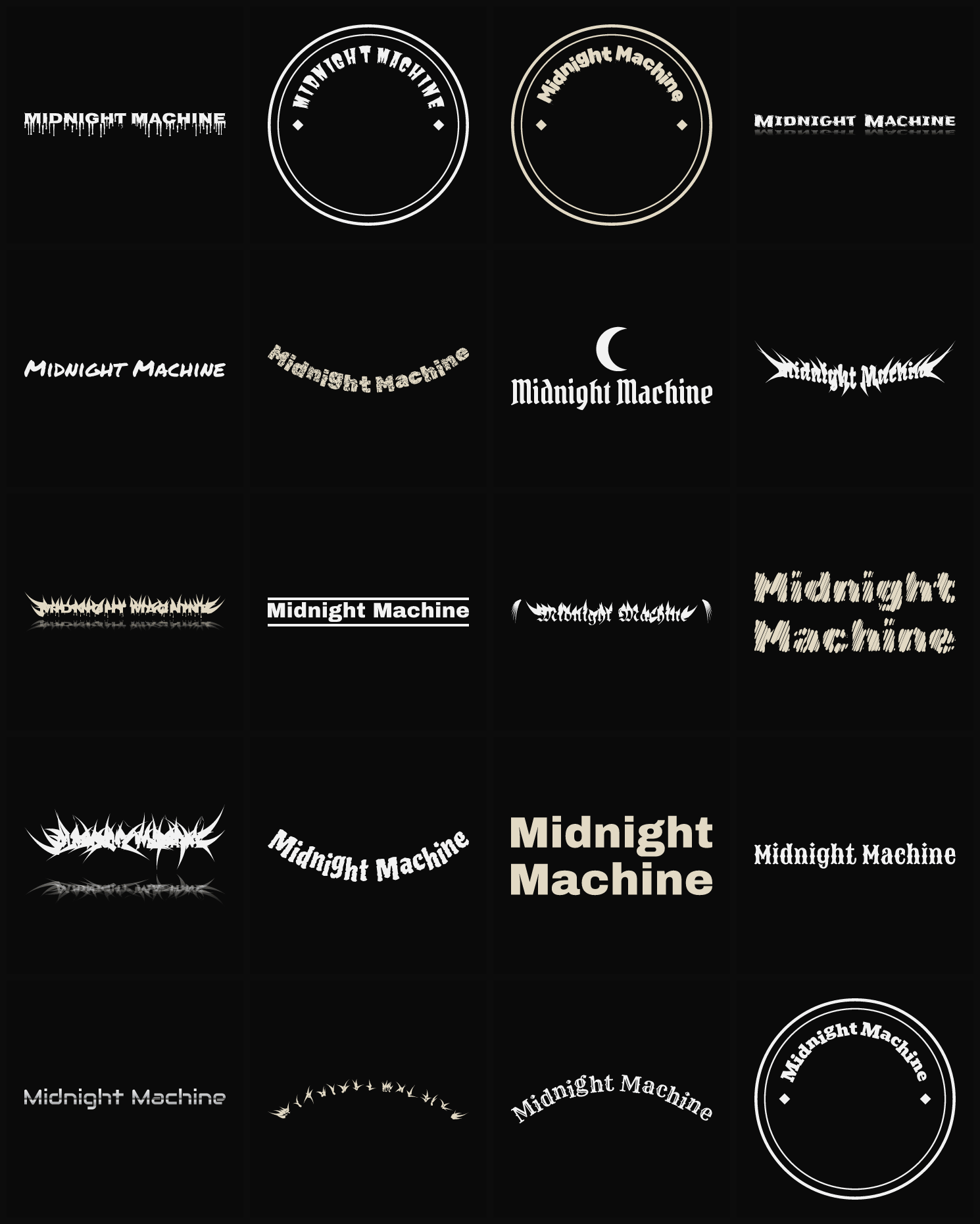 Twenty Midnight Machine band logo ideas — different faces, treatments and spike settings