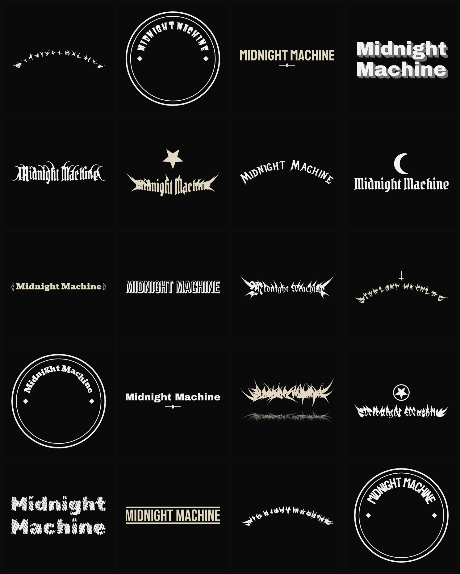 Twenty Midnight Machine band logo ideas — different faces, treatments and spike settings