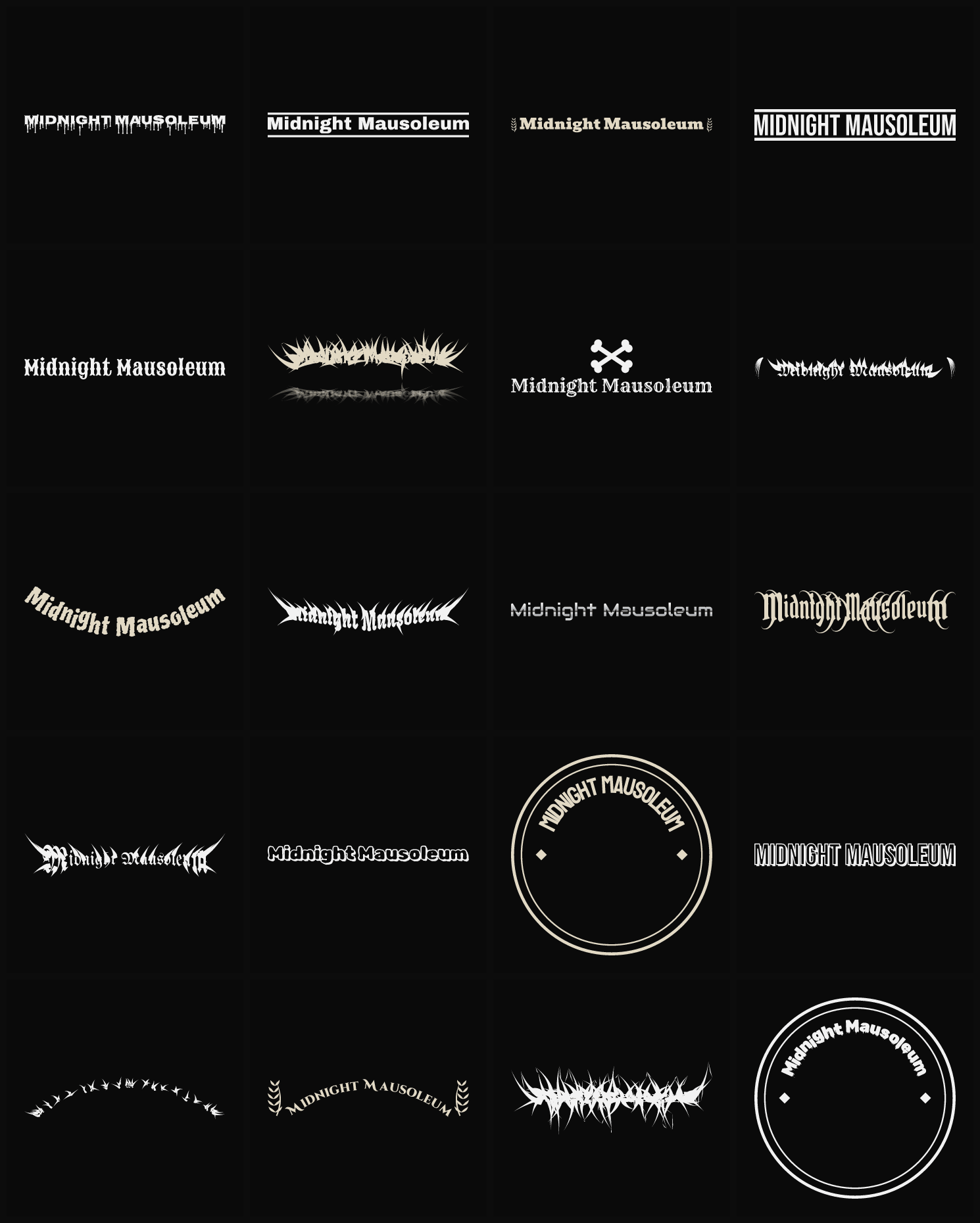 Twenty Midnight Mausoleum band logo ideas — different faces, treatments and spike settings